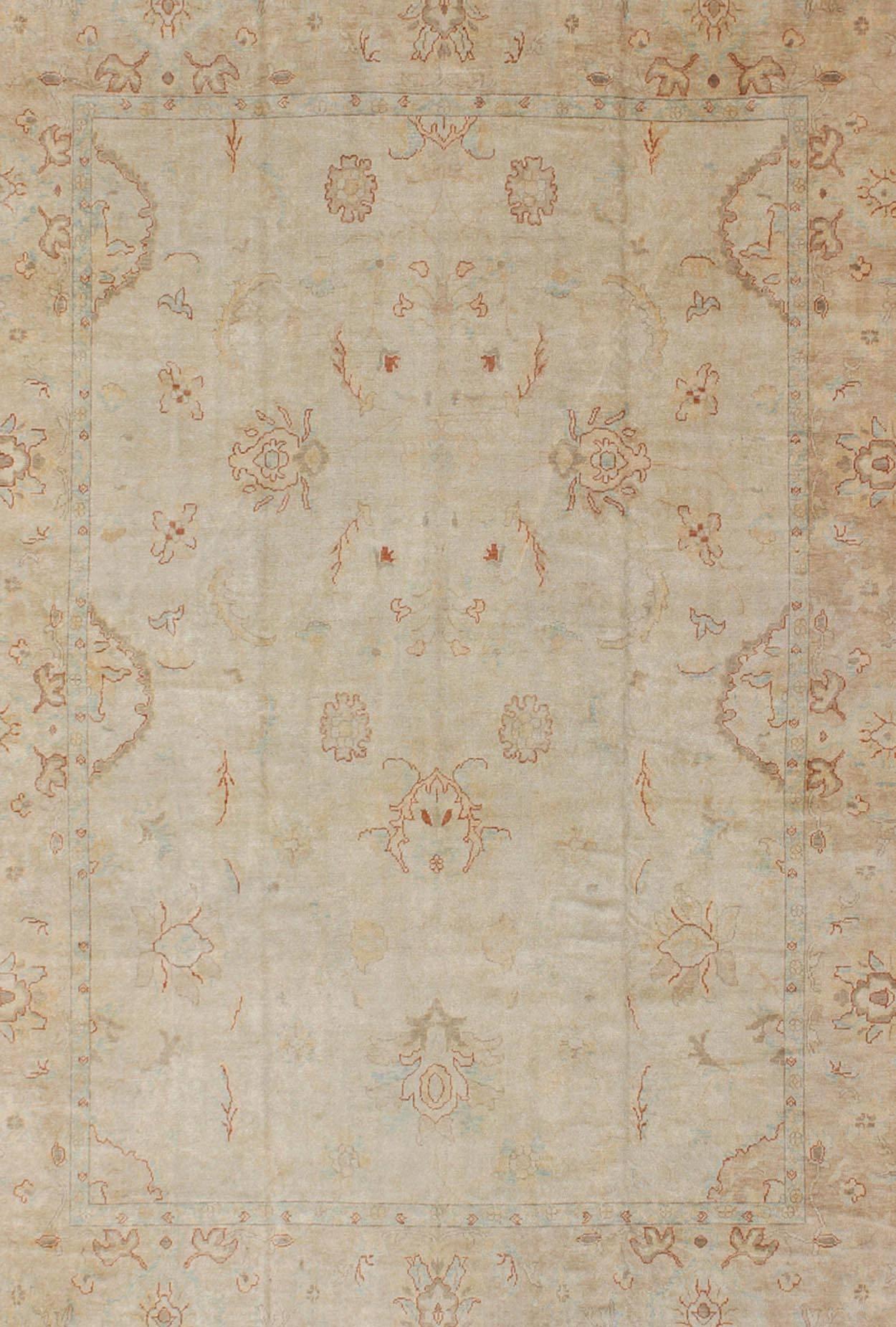 Hand-Knotted Large Turkish Oushak Rug with Pastel Colors and All-Over Floral Design For Sale