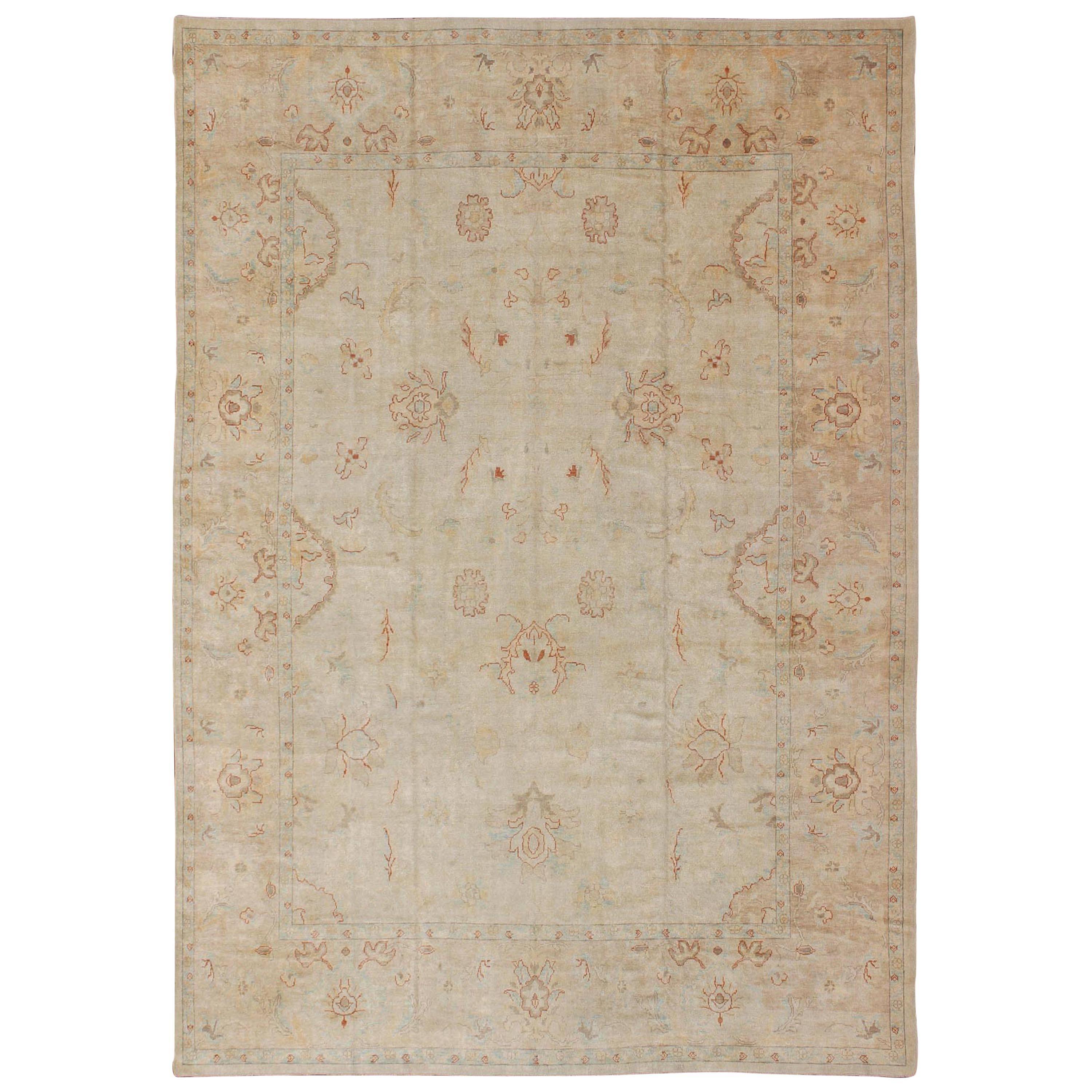 Large Turkish Oushak Rug with Pastel Colors and All-Over Floral Design For Sale