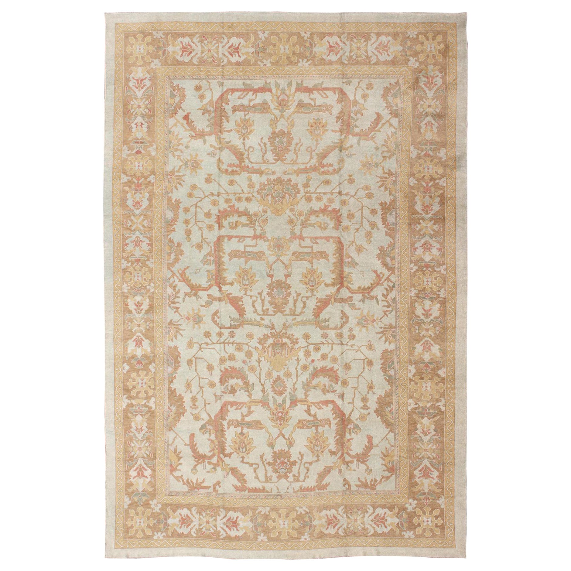 Large Turkish Oushak Rug with Silver Color Background, Brown, Soft Red, Yellow For Sale