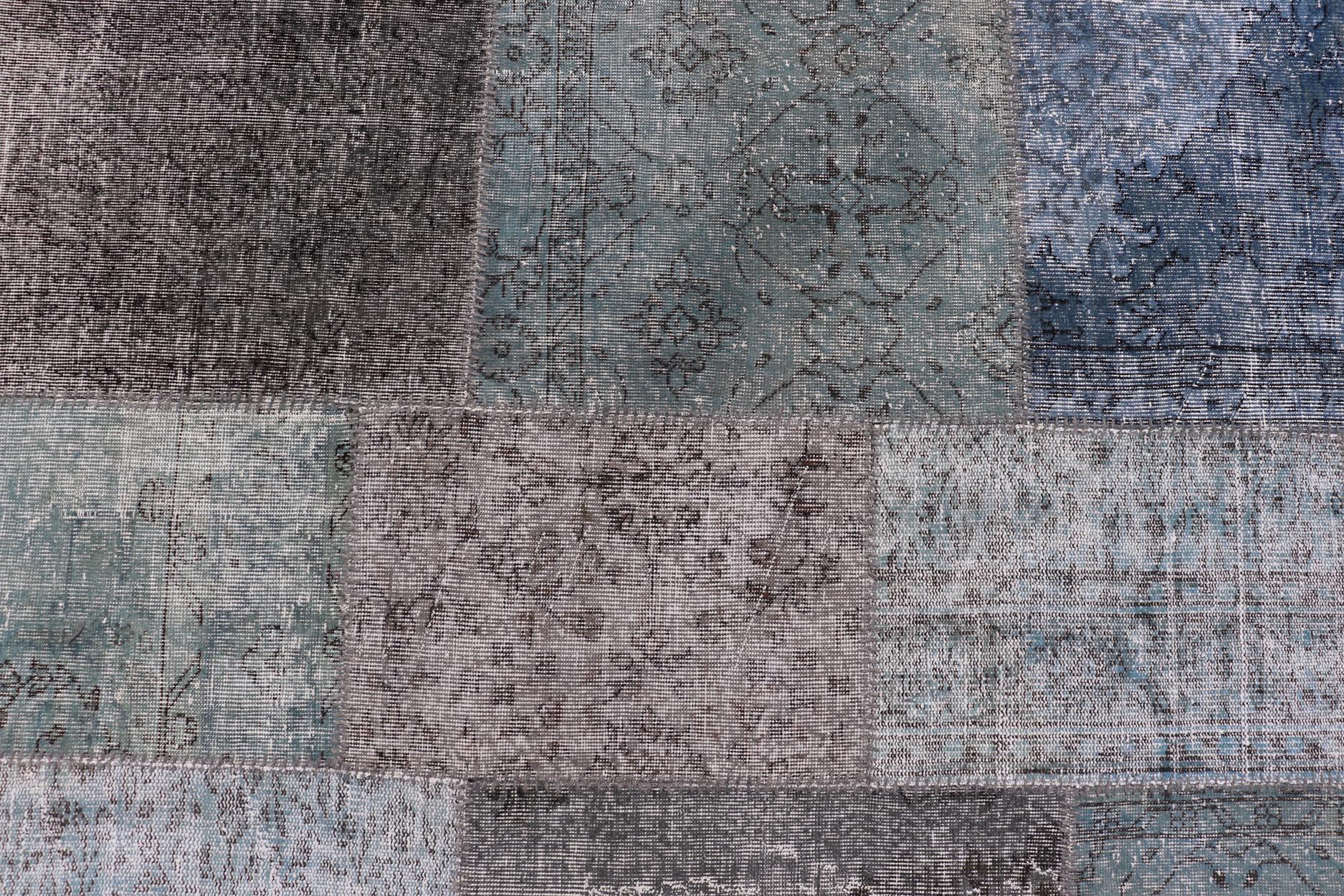 Large Turkish Patchwork Rug in Gray, Green, Blue, Brown and Neutral Tones For Sale 3