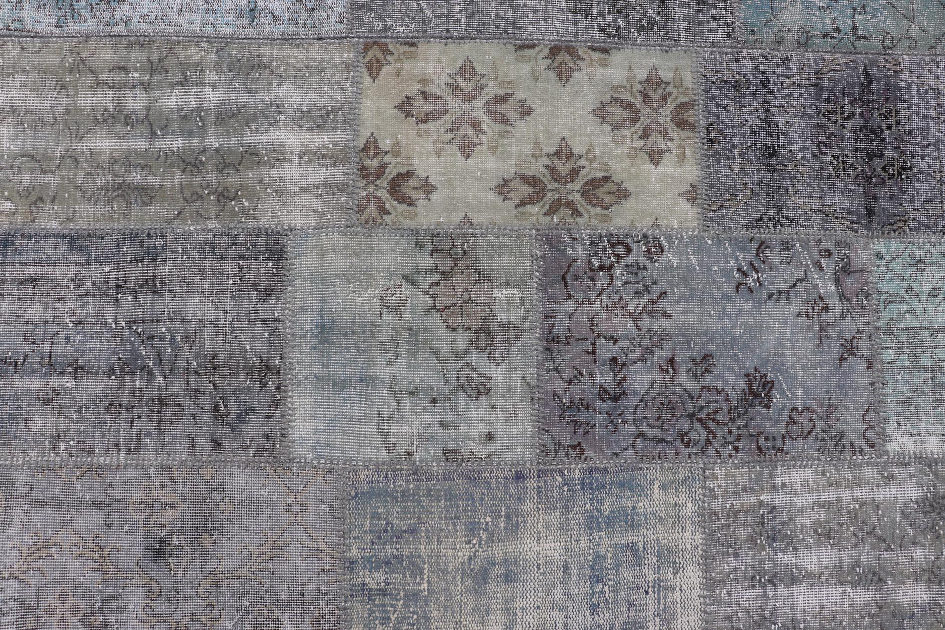 Large Turkish Patchwork Rug in Gray, Green, Blue, Brown and Neutral Tones For Sale 4