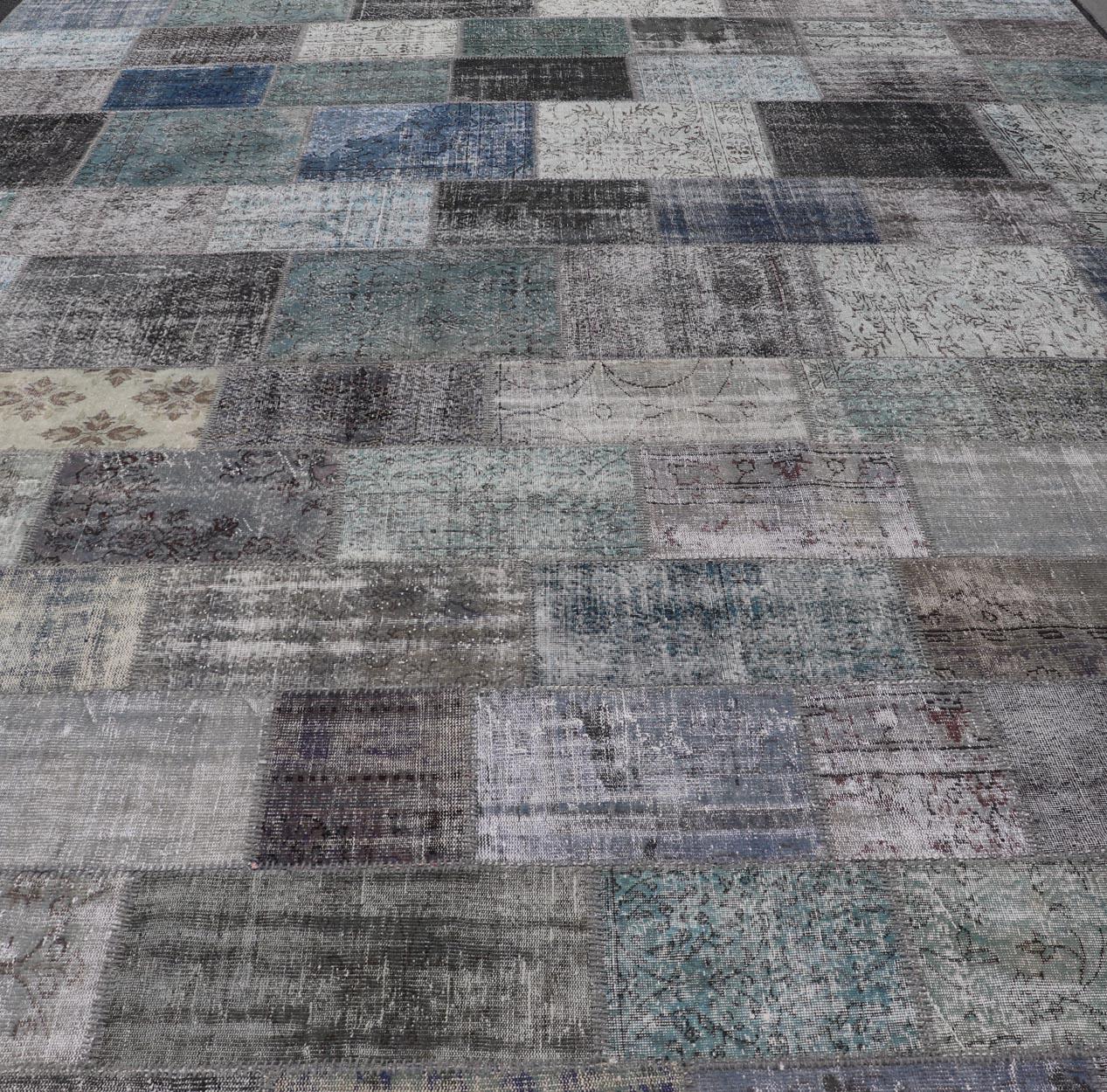 Large Turkish Patchwork Rug in Gray, Green, Blue, Brown and Neutral Tones For Sale 8