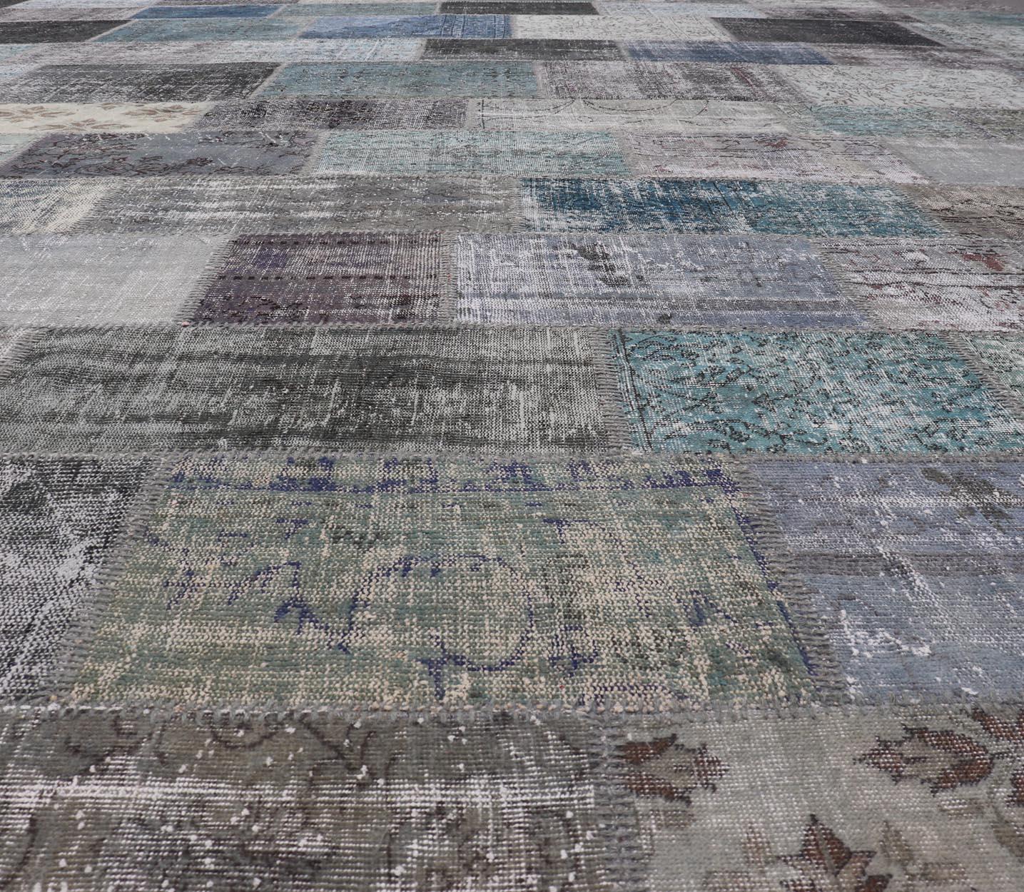 Large Turkish Patchwork Rug in Gray, Green, Blue, Brown and Neutral Tones For Sale 9