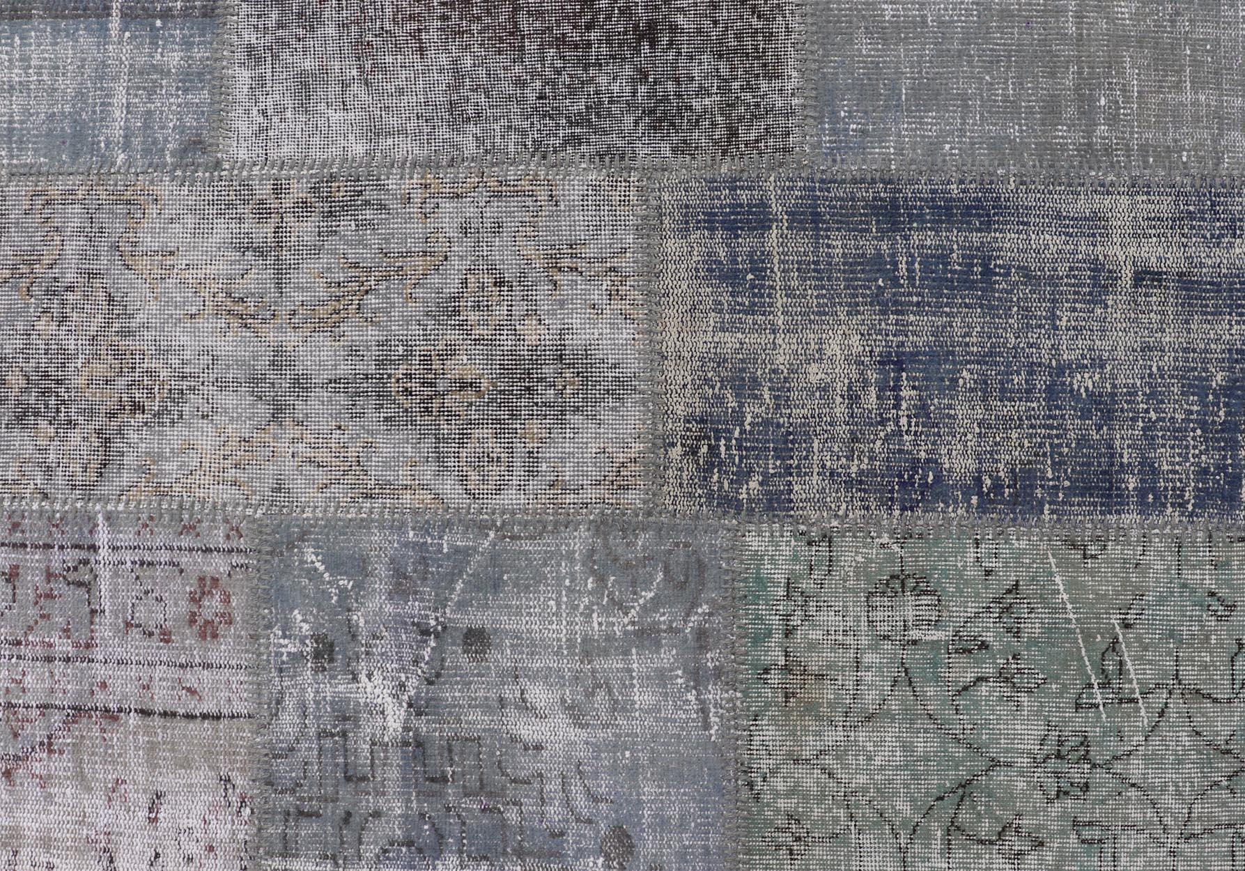 Hand-Knotted Large Turkish Patchwork Rug in Gray, Green, Blue, Brown and Neutral Tones For Sale