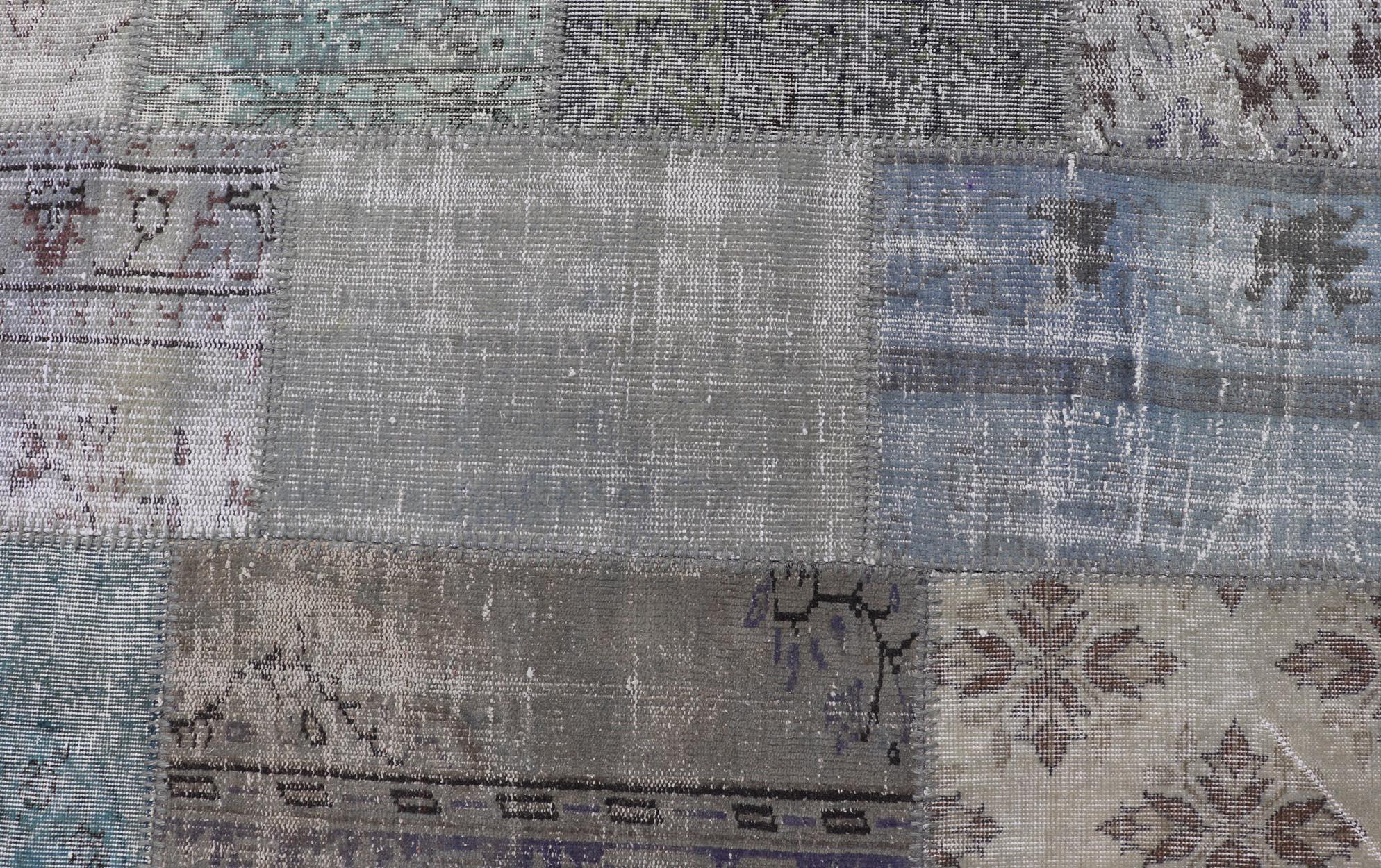 Large Turkish Patchwork Rug in Gray, Green, Blue, Brown and Neutral Tones In Good Condition For Sale In Atlanta, GA