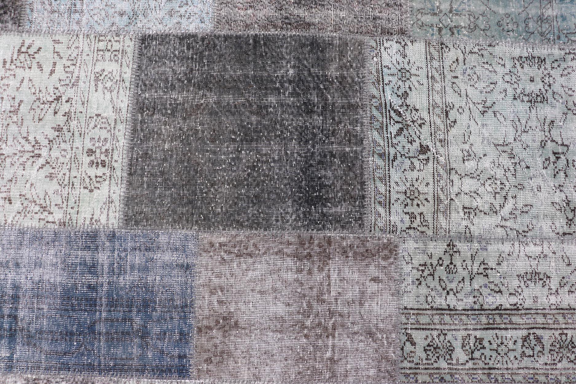 20th Century Large Turkish Patchwork Rug in Gray, Green, Blue, Brown and Neutral Tones For Sale