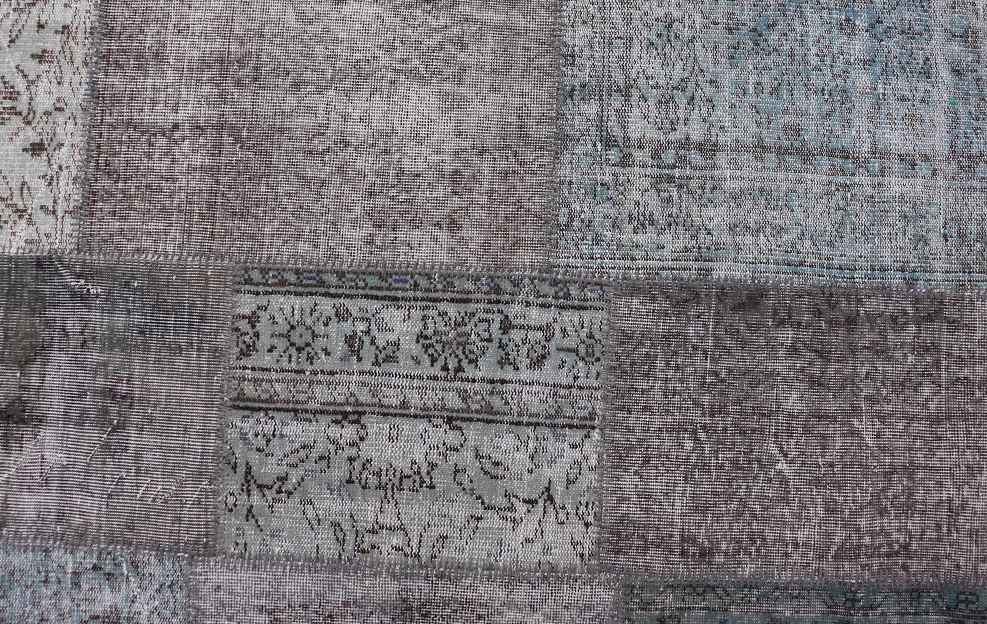 Wool Large Turkish Patchwork Rug in Gray, Green, Blue, Brown and Neutral Tones For Sale