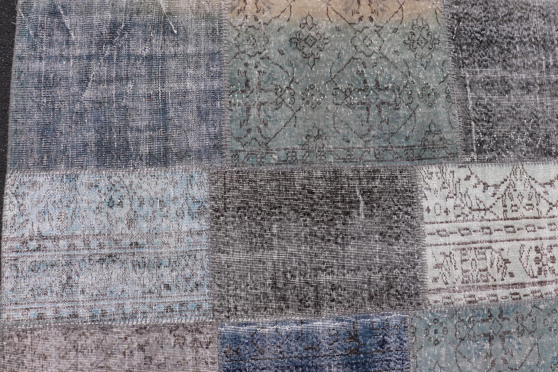 Large Turkish Patchwork Rug in Gray, Green, Blue, Brown and Neutral Tones For Sale 2