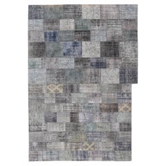 Vintage Large Turkish Patchwork Rug in Gray, Green, Blue, Brown and Neutral Tones