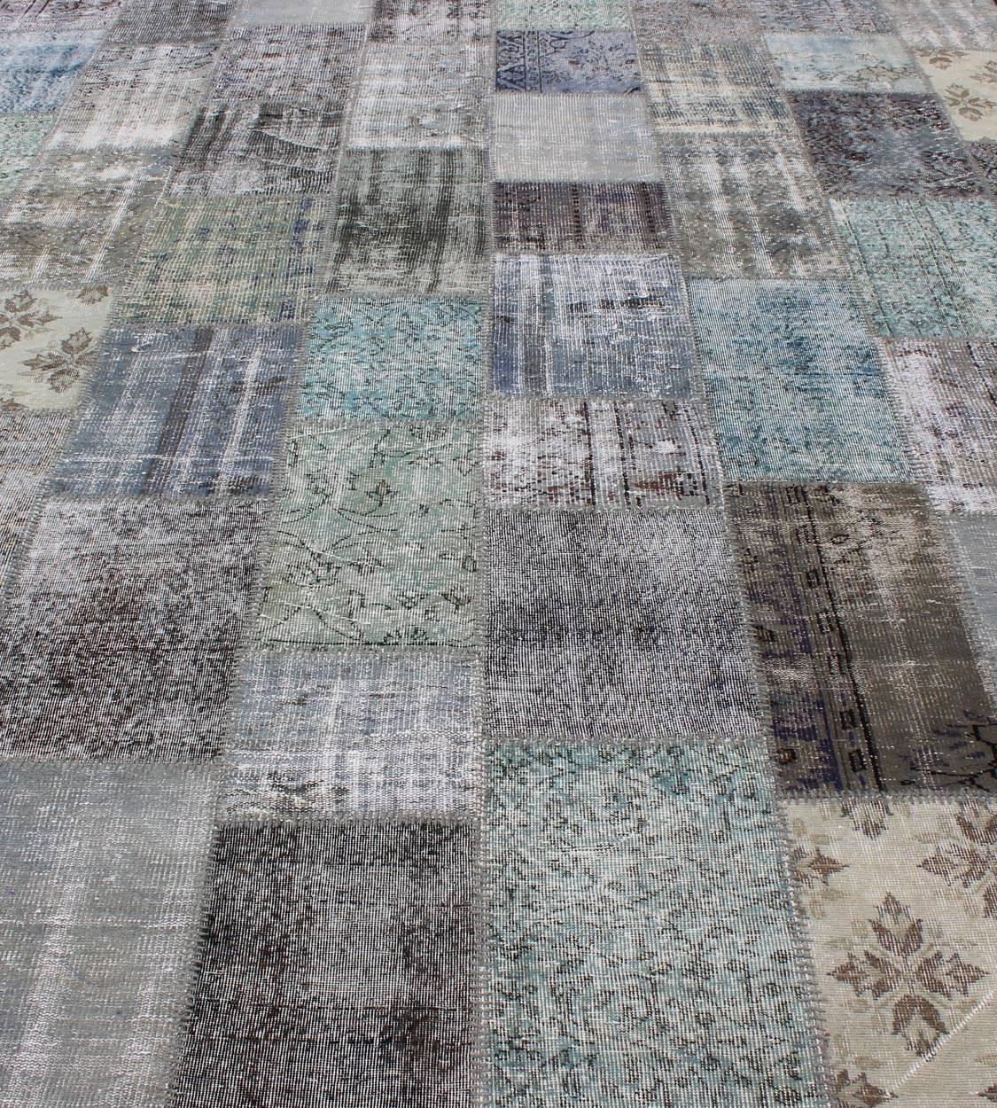 Large Turkish Patchwork Rug in Gray, Green, Blue, Brown and Neutral Tones 2