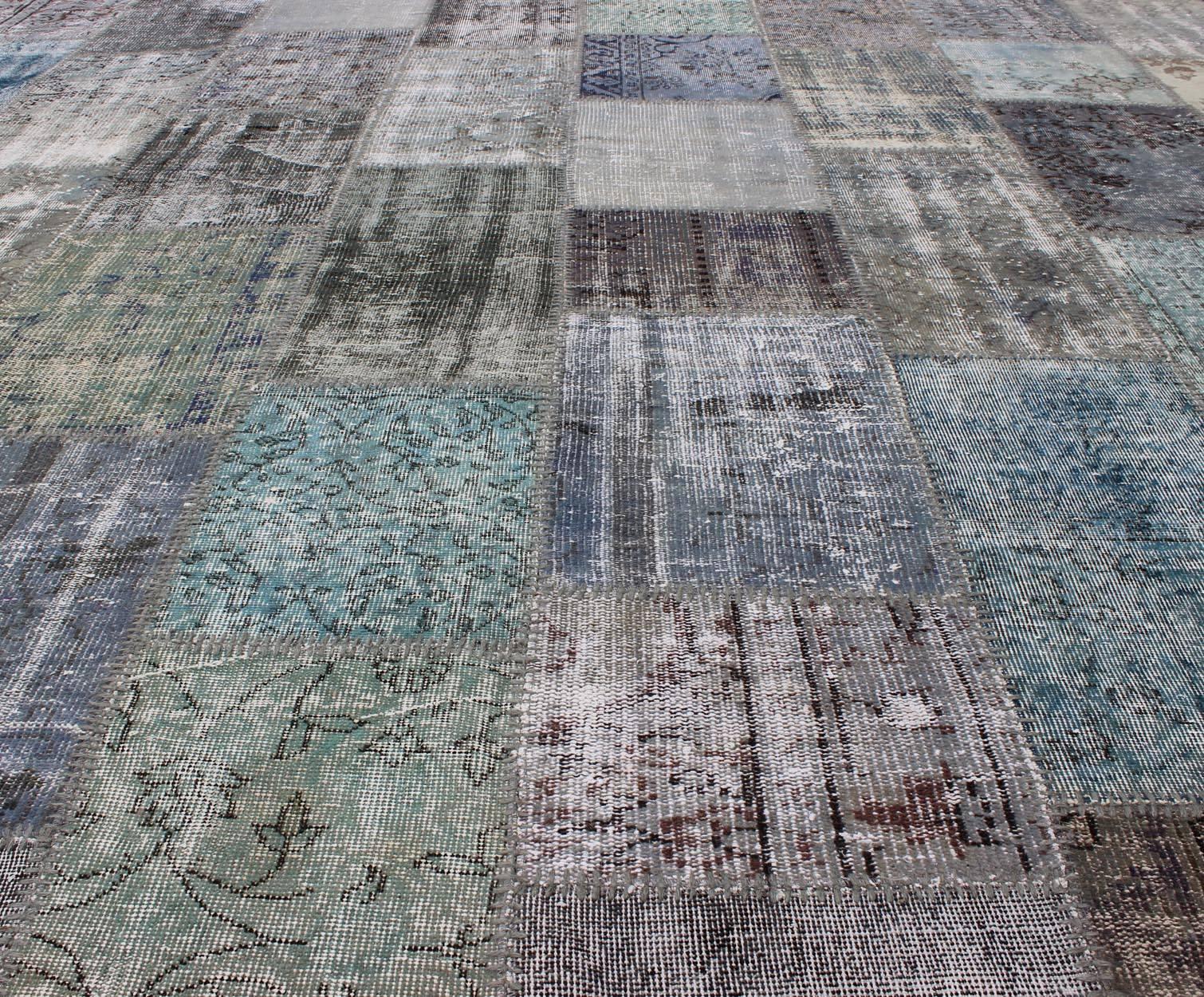 Large Turkish Patchwork Rug in Gray, Green, Blue, Brown and Neutral Tones 3
