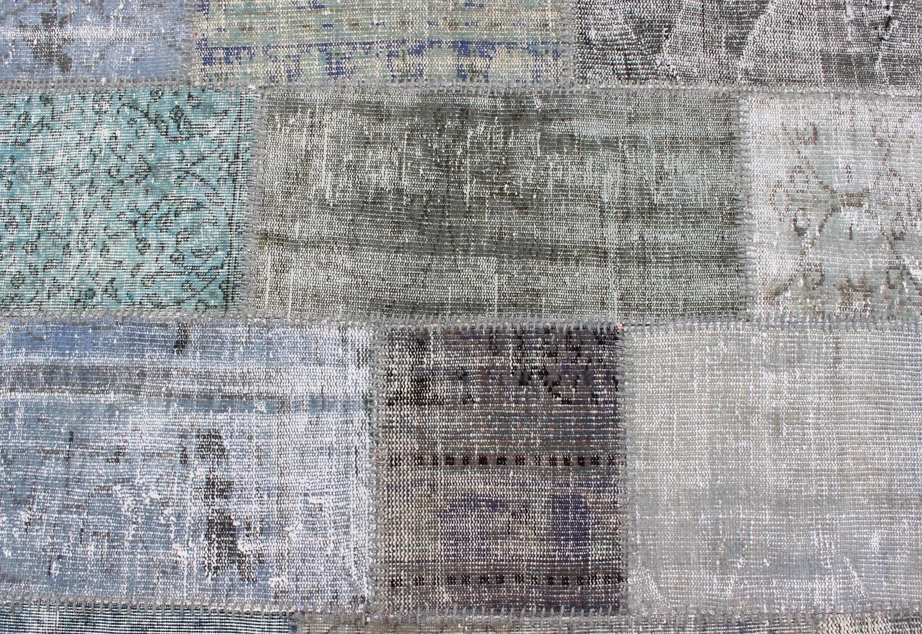 Large Turkish Patchwork Rug in Gray, Green, Blue, Brown and Neutral Tones 4