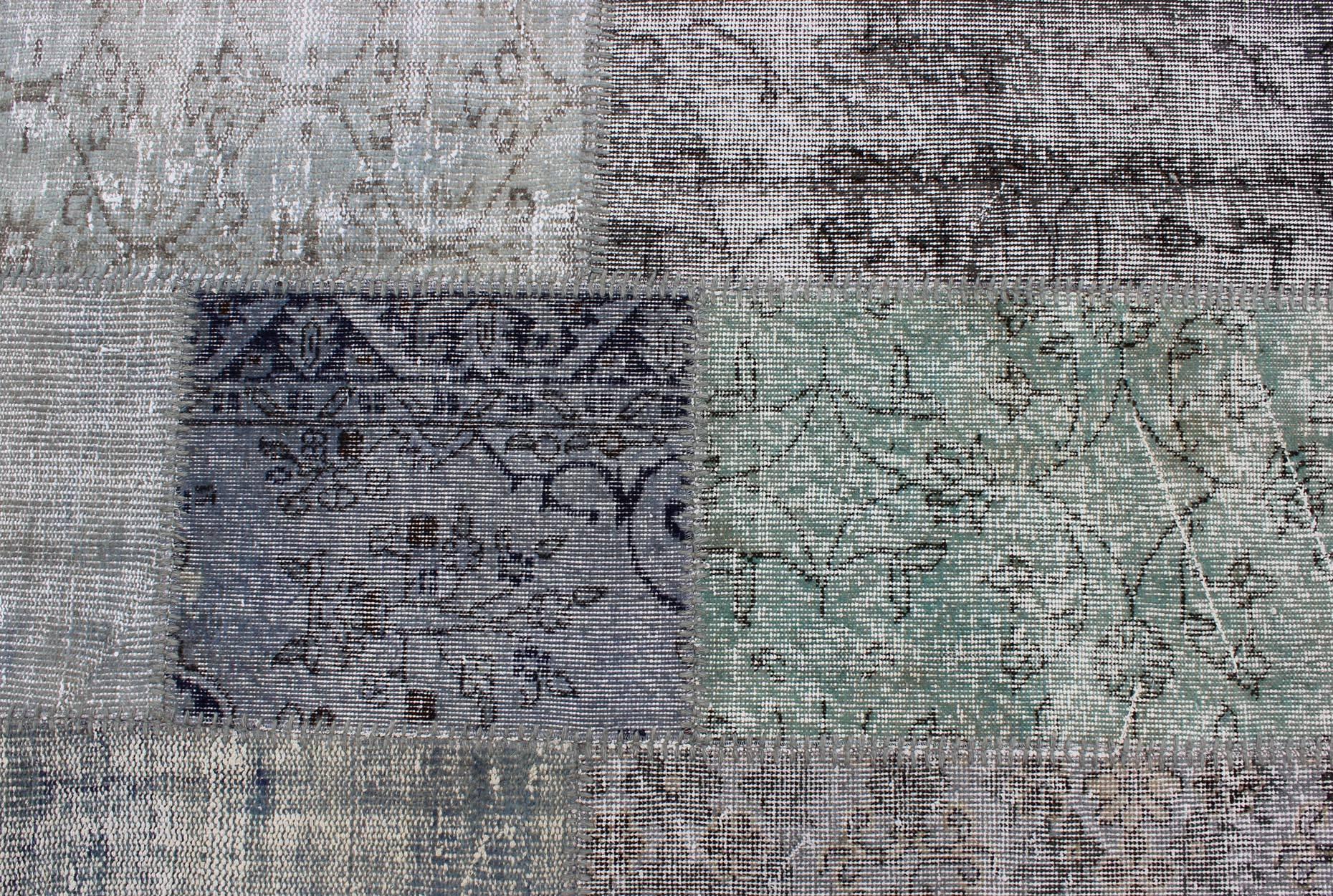 Large Turkish Patchwork Rug in Gray, Green, Blue, Brown and Neutral Tones 5