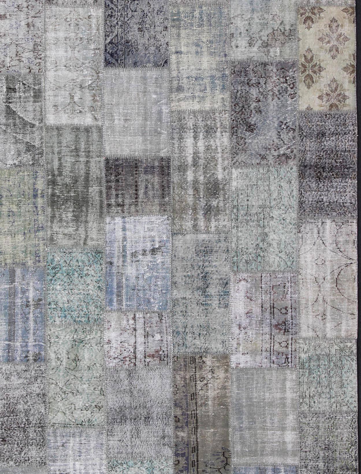 Mid-Century Modern Large Turkish Patchwork Rug in Gray, Green, Blue, Brown and Neutral Tones