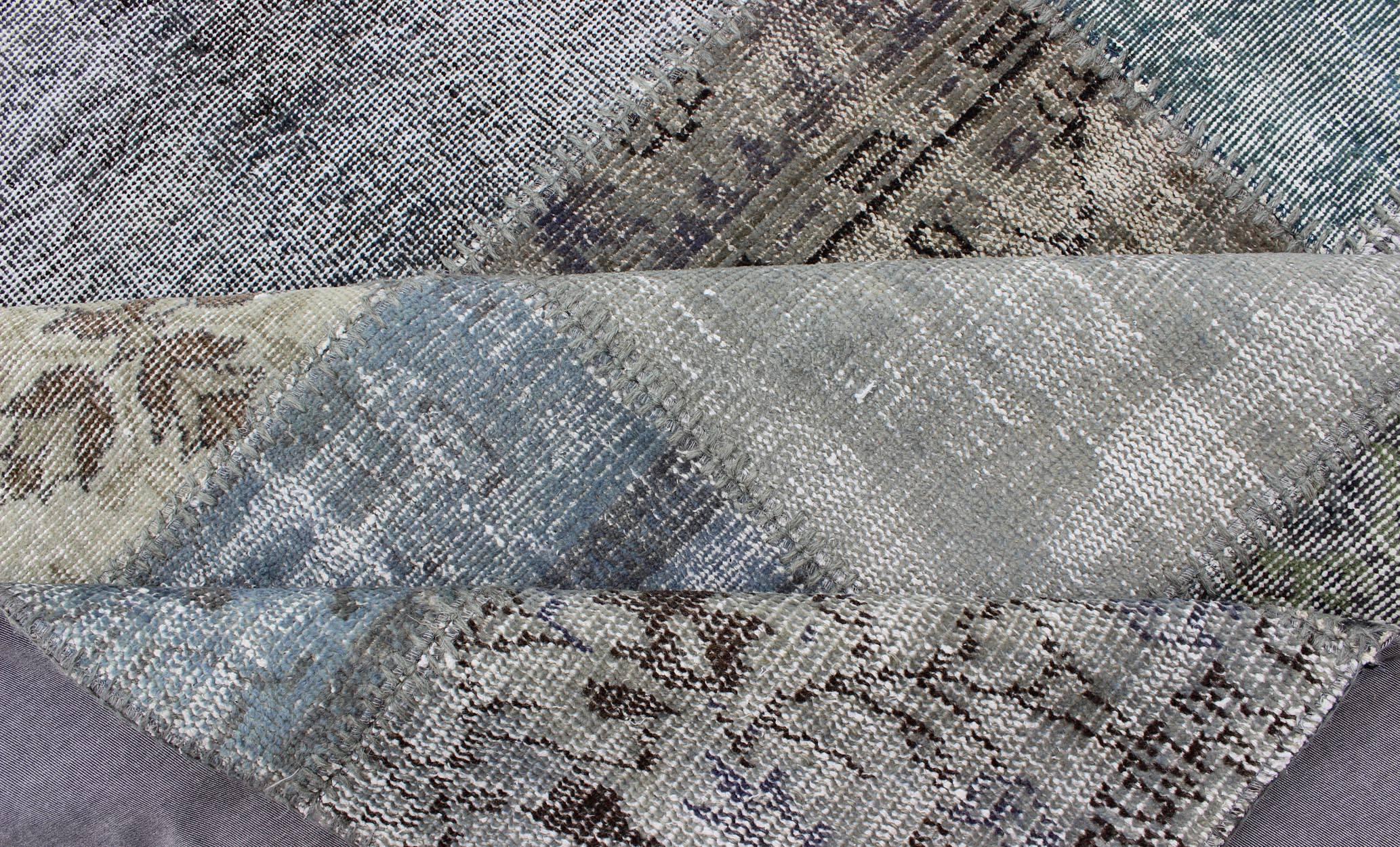 Hand-Knotted Large Turkish Patchwork Rug in Gray, Green, Blue, Brown and Neutral Tones