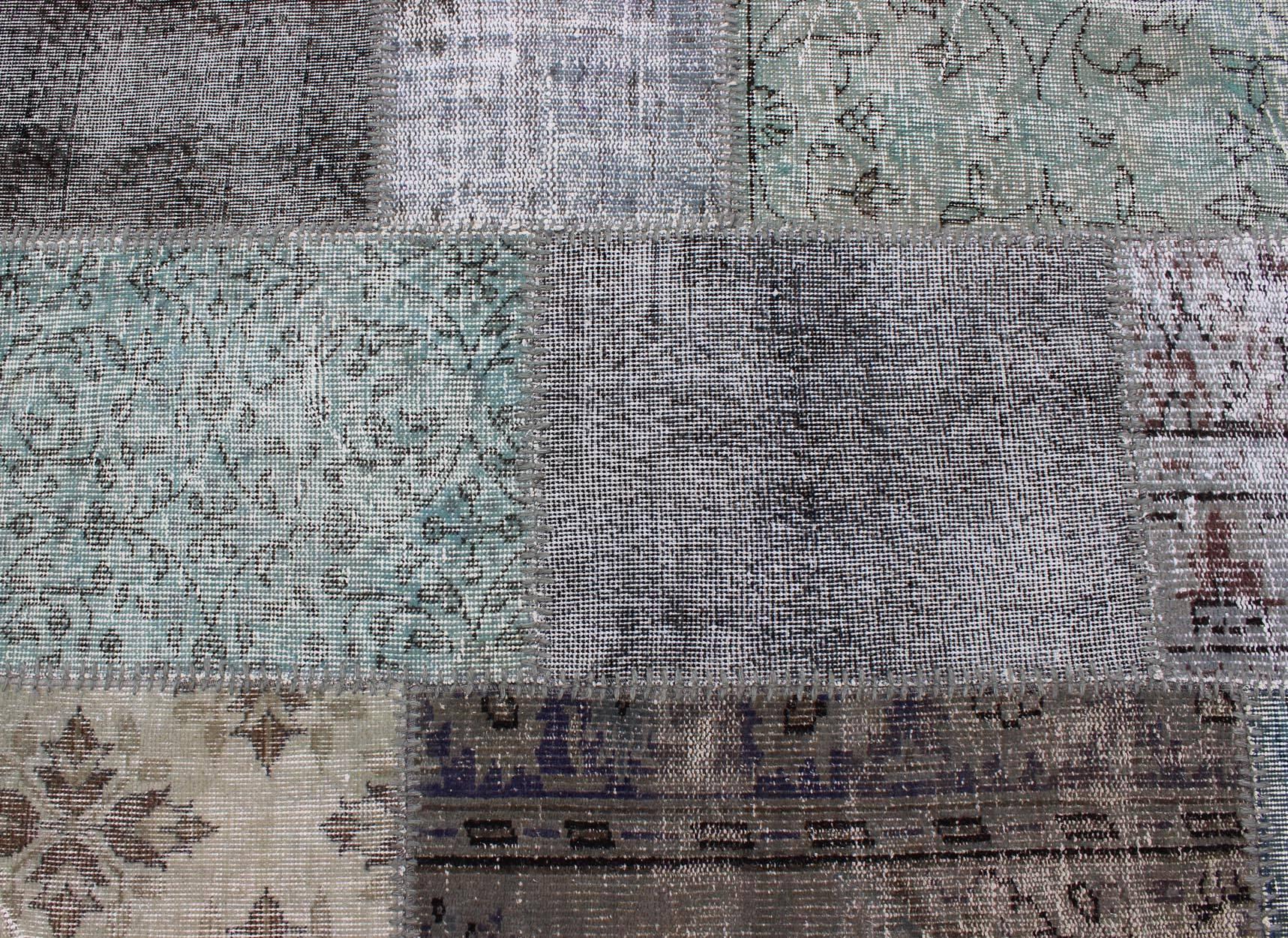 20th Century Large Turkish Patchwork Rug in Gray, Green, Blue, Brown and Neutral Tones