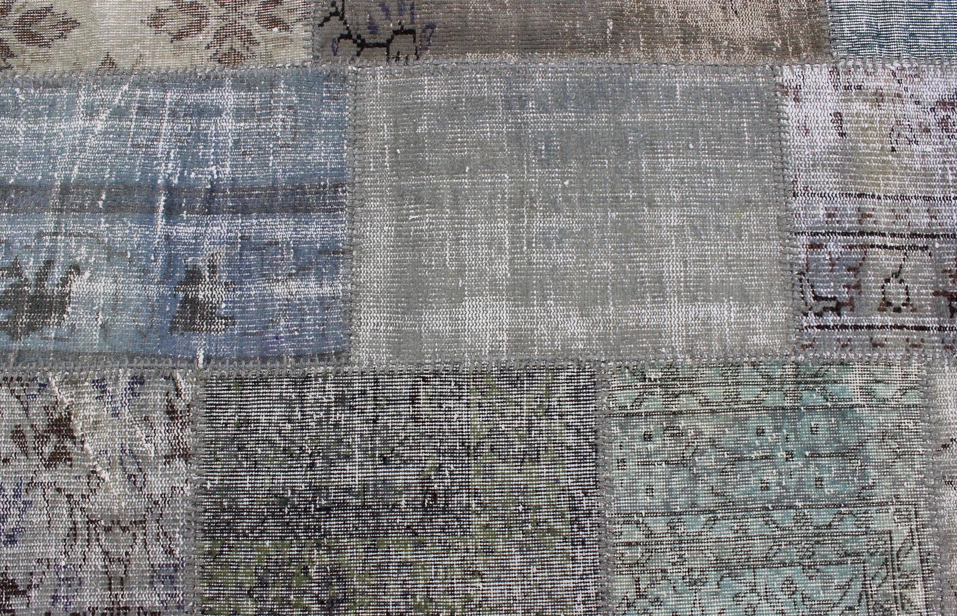 Wool Large Turkish Patchwork Rug in Gray, Green, Blue, Brown and Neutral Tones