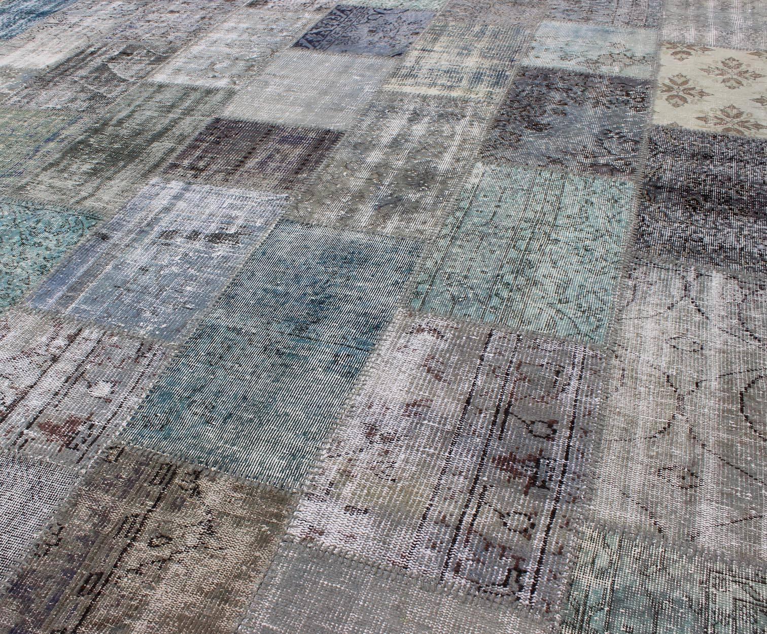 Large Turkish Patchwork Rug in Gray, Green, Blue, Brown and Neutral Tones 1