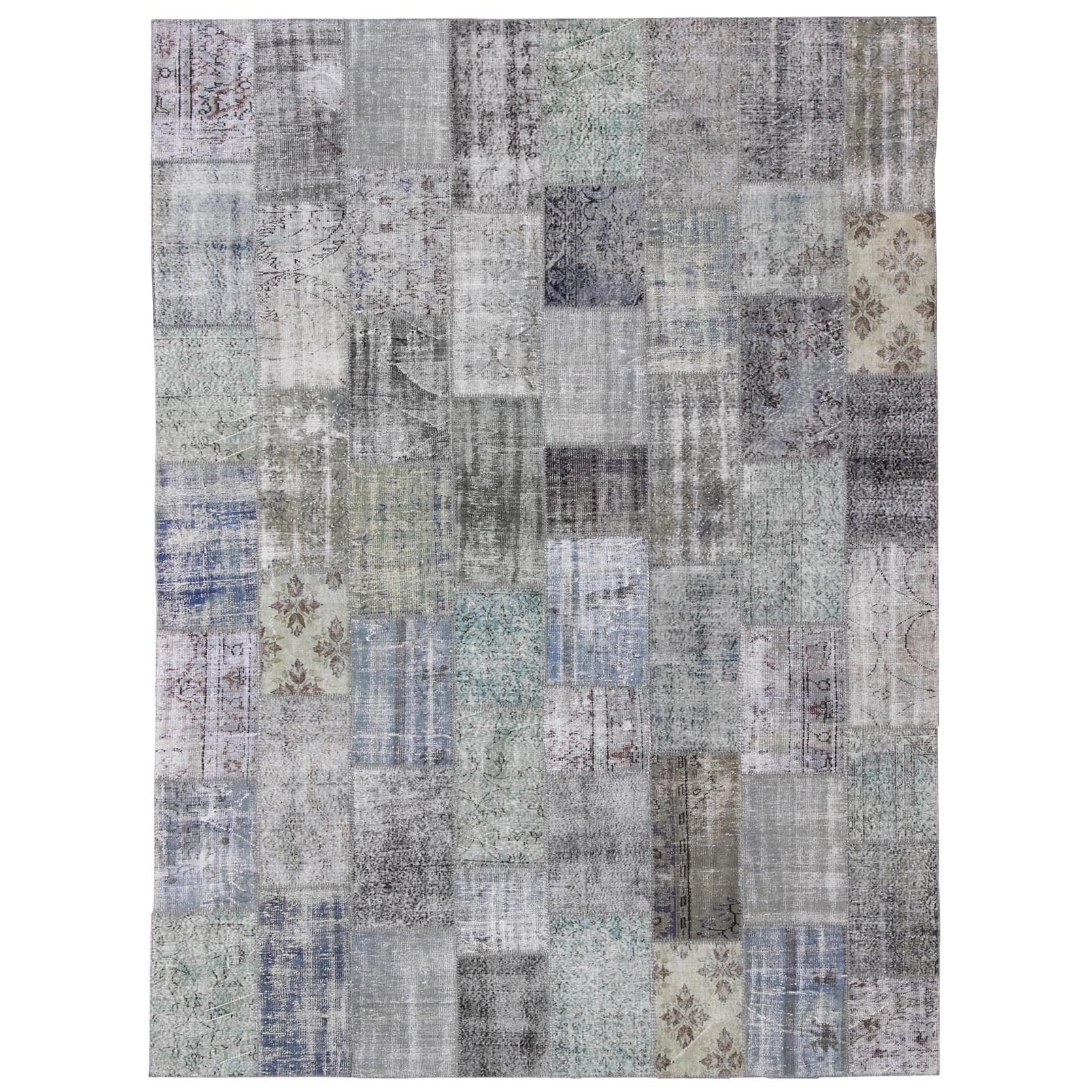 Large Turkish Patchwork Rug in Gray, Green, Blue, Brown and Neutral Tones