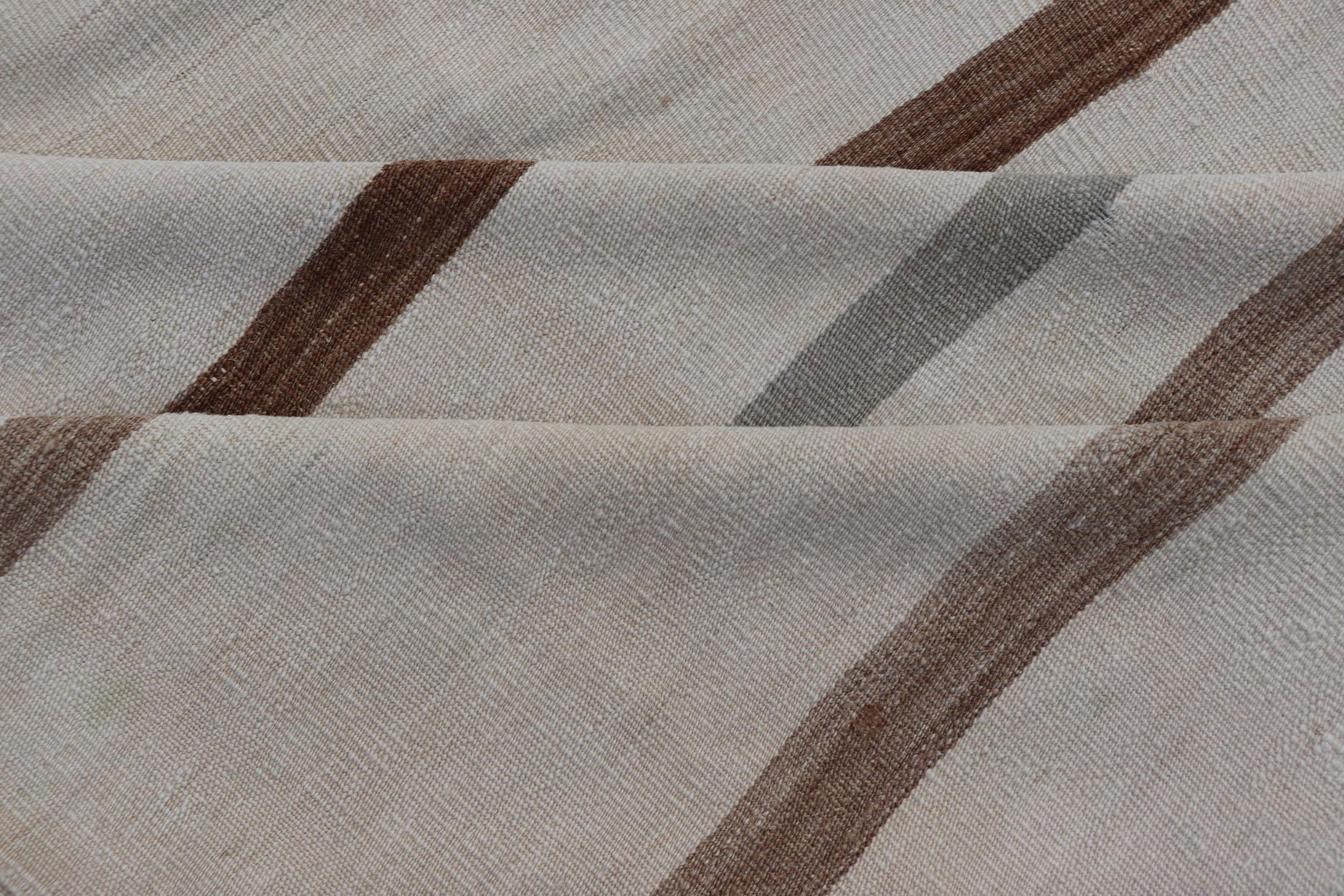 Large Turkish Vintage Flat-Weave in Light Brown and Cream with Stripe Design For Sale 3
