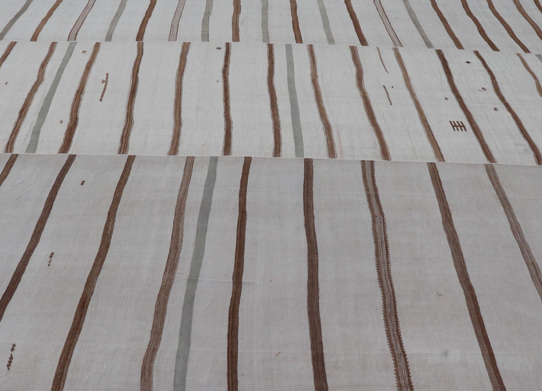 Large Turkish Vintage Flat-Weave in Light Brown and Cream with Stripe Design For Sale 4