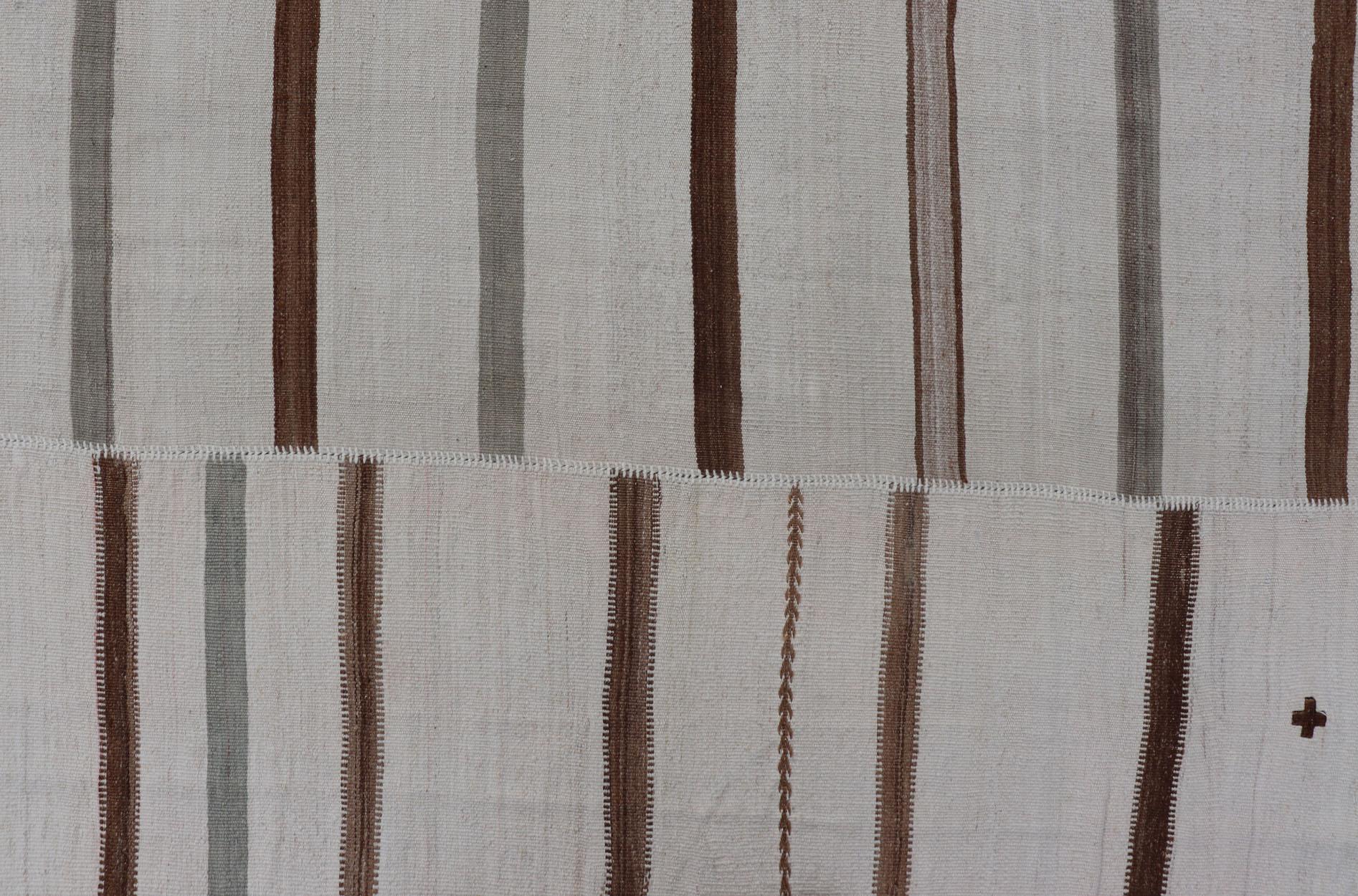 Hand-Woven Large Turkish Vintage Flat-Weave in Light Brown and Cream with Stripe Design For Sale