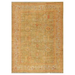 Large Turkish Vintage Oushak Rug with Large Scale Design in Green and Red