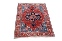 Large Turkish Woven Legends Red & Blue Medallion Carpet Wool Area Rug 6' x 8'