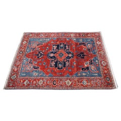 Large Turkish Woven Legends Red & Blue Medallion Carpet Wool Area Rug 6' x 8'