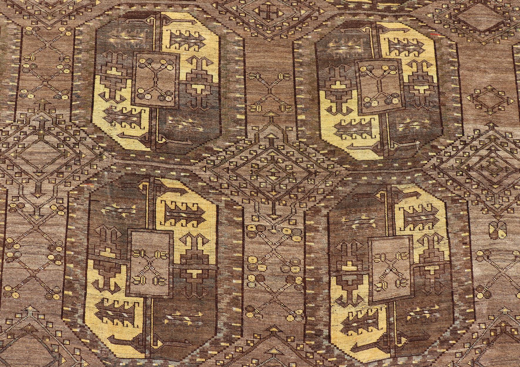Large Turkomen Ersari Rug with All-Over Bokhara Design in Brown, Coffee & Yellow For Sale 2