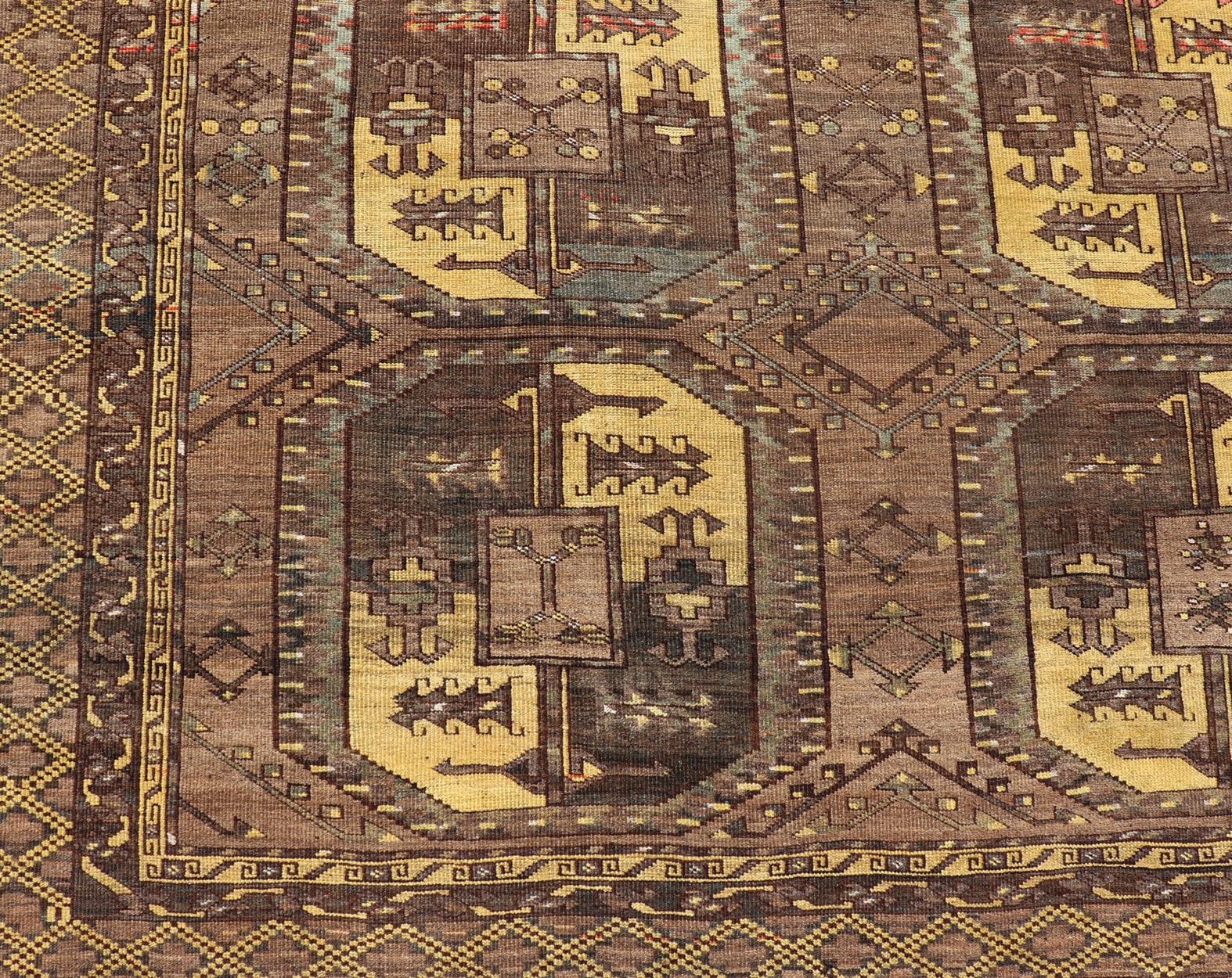 Large Turkomen Ersari Rug with All-Over Bokhara Design in Brown, Coffee & Yellow For Sale 6