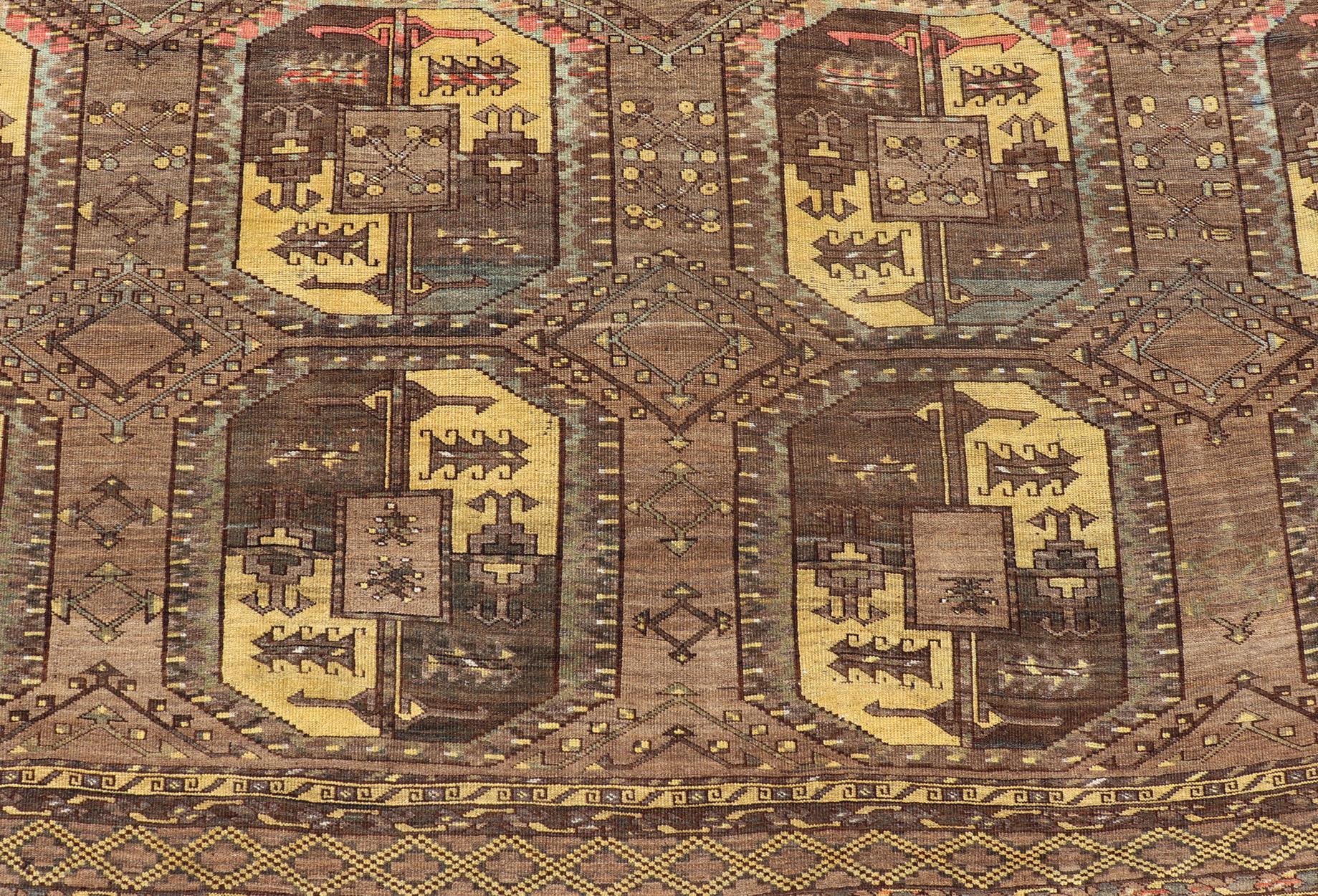 Large Turkomen Ersari Rug with All-Over Bokhara Design in Brown, Coffee & Yellow For Sale 7