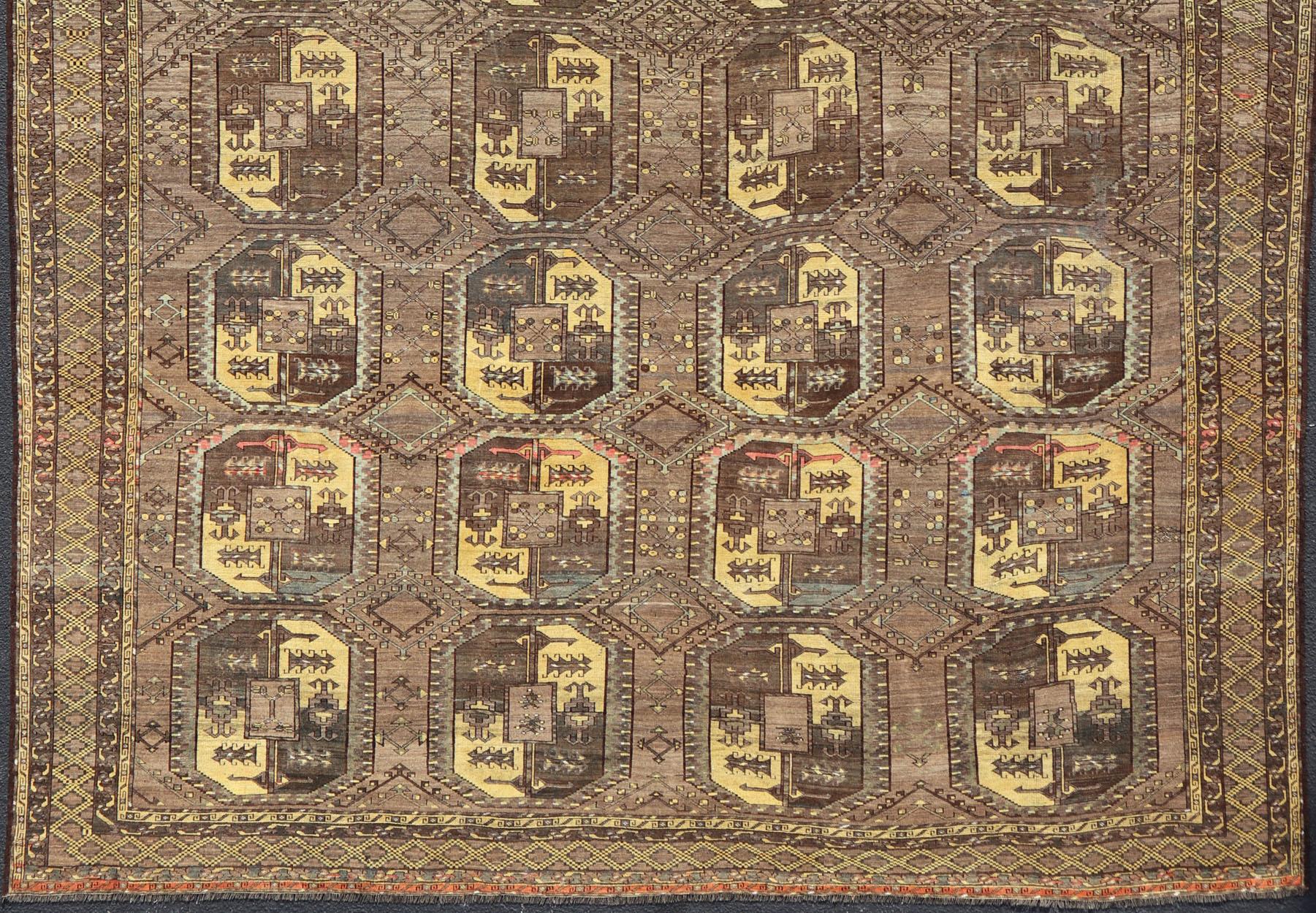 Tribal Large Turkomen Ersari Rug with All-Over Bokhara Design in Brown, Coffee & Yellow For Sale
