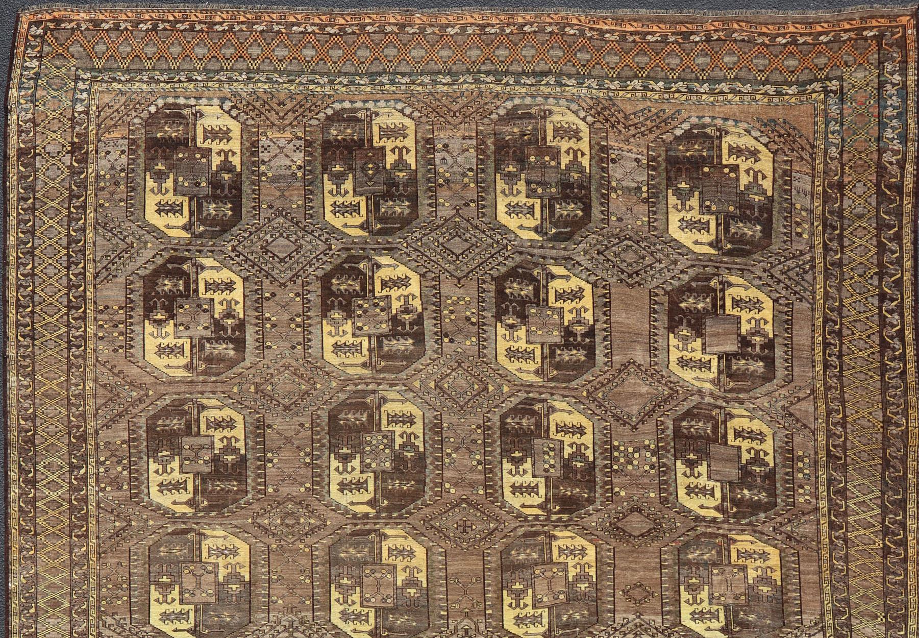 Afghan Large Turkomen Ersari Rug with All-Over Bokhara Design in Brown, Coffee & Yellow For Sale