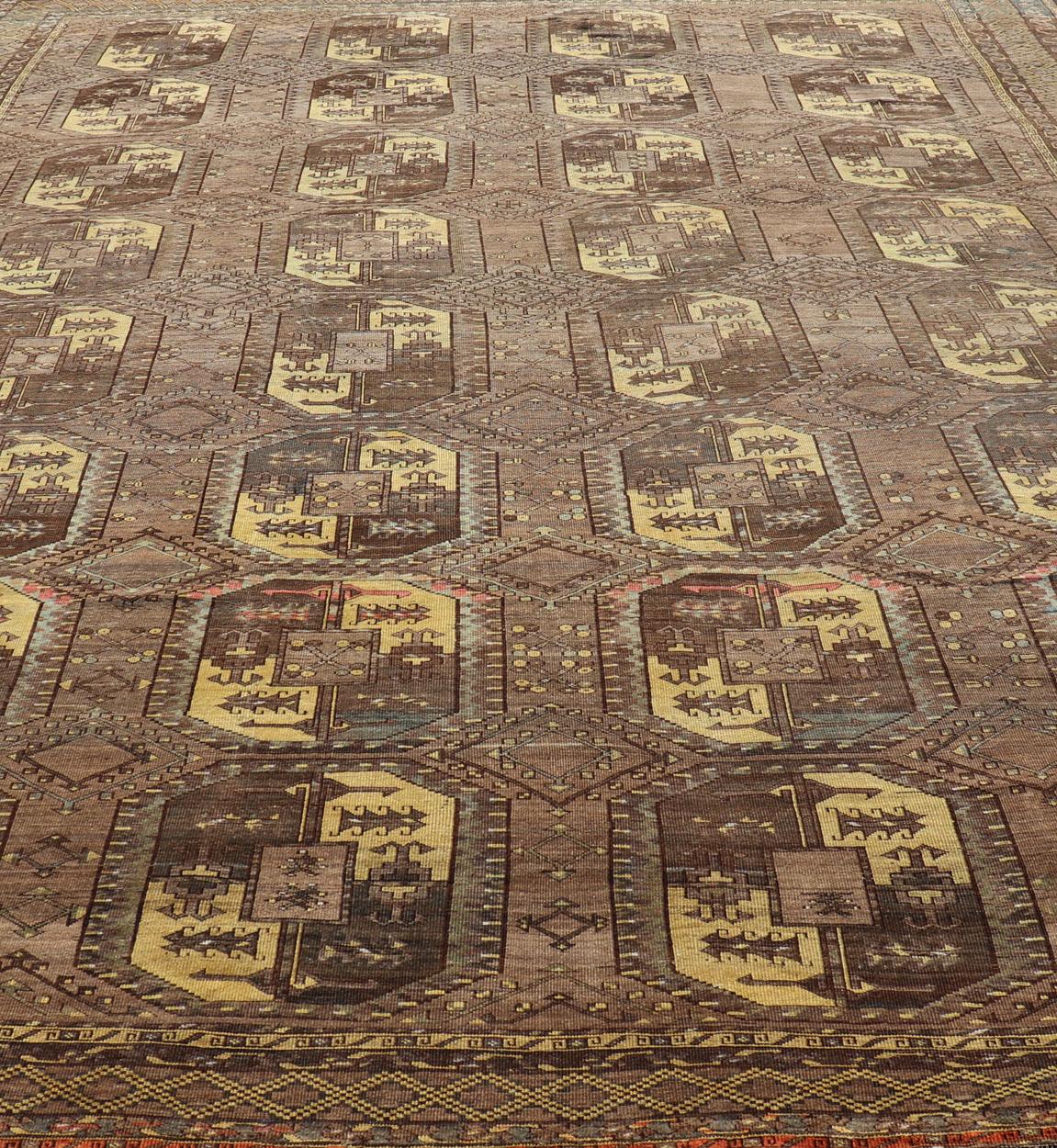 Wool Large Turkomen Ersari Rug with All-Over Bokhara Design in Brown, Coffee & Yellow For Sale