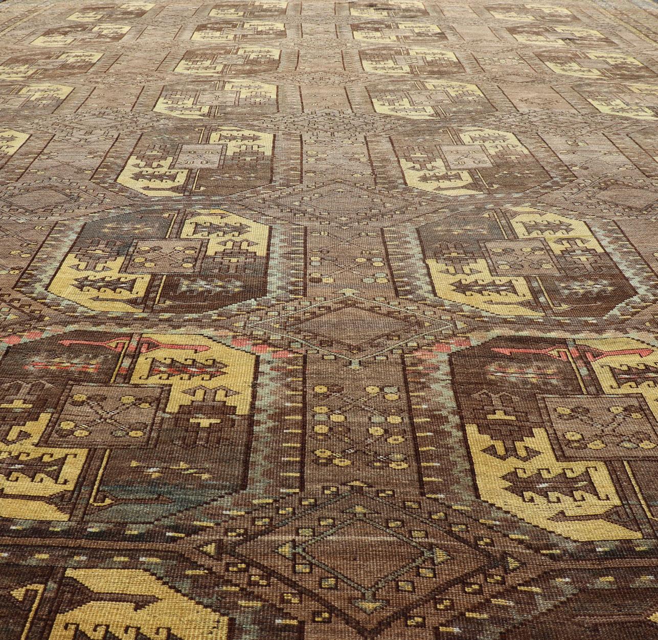 Large Turkomen Ersari Rug with All-Over Bokhara Design in Brown, Coffee & Yellow For Sale 1