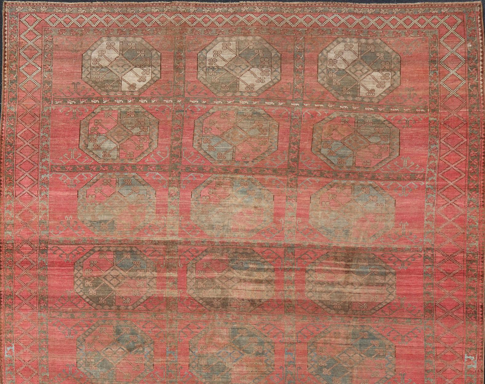 Large Turkomen Ersari Rug with All-Over Gul Design in Tan, Coral, and Brown For Sale 2