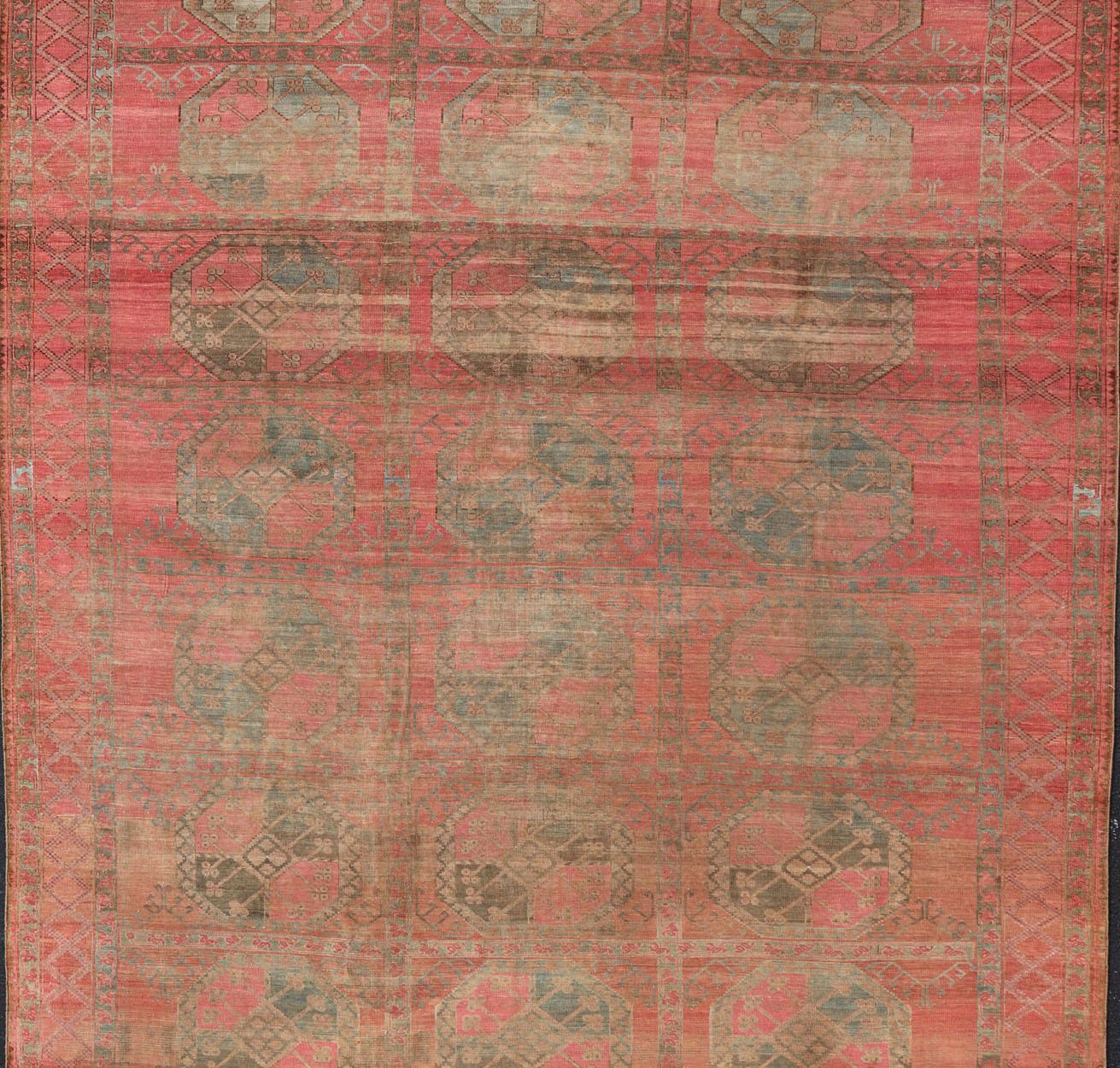 Large Turkomen Ersari Rug with All-Over Gul Design in Tan, Coral, and Brown For Sale 3