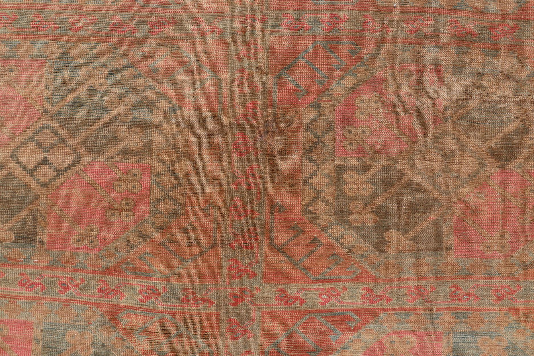 Turkestan Large Turkomen Ersari Rug with All-Over Gul Design in Tan, Coral, and Brown For Sale