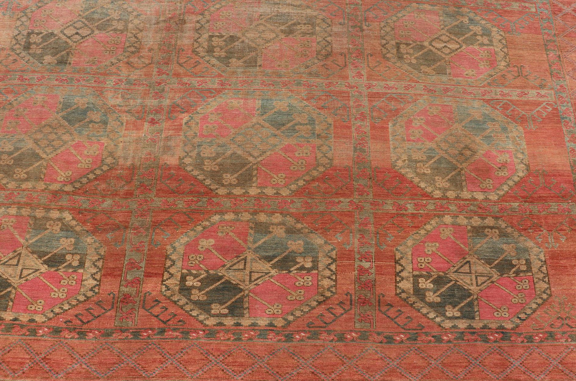 Large Turkomen Ersari Rug with All-Over Gul Design in Tan, Coral, and Brown For Sale 1