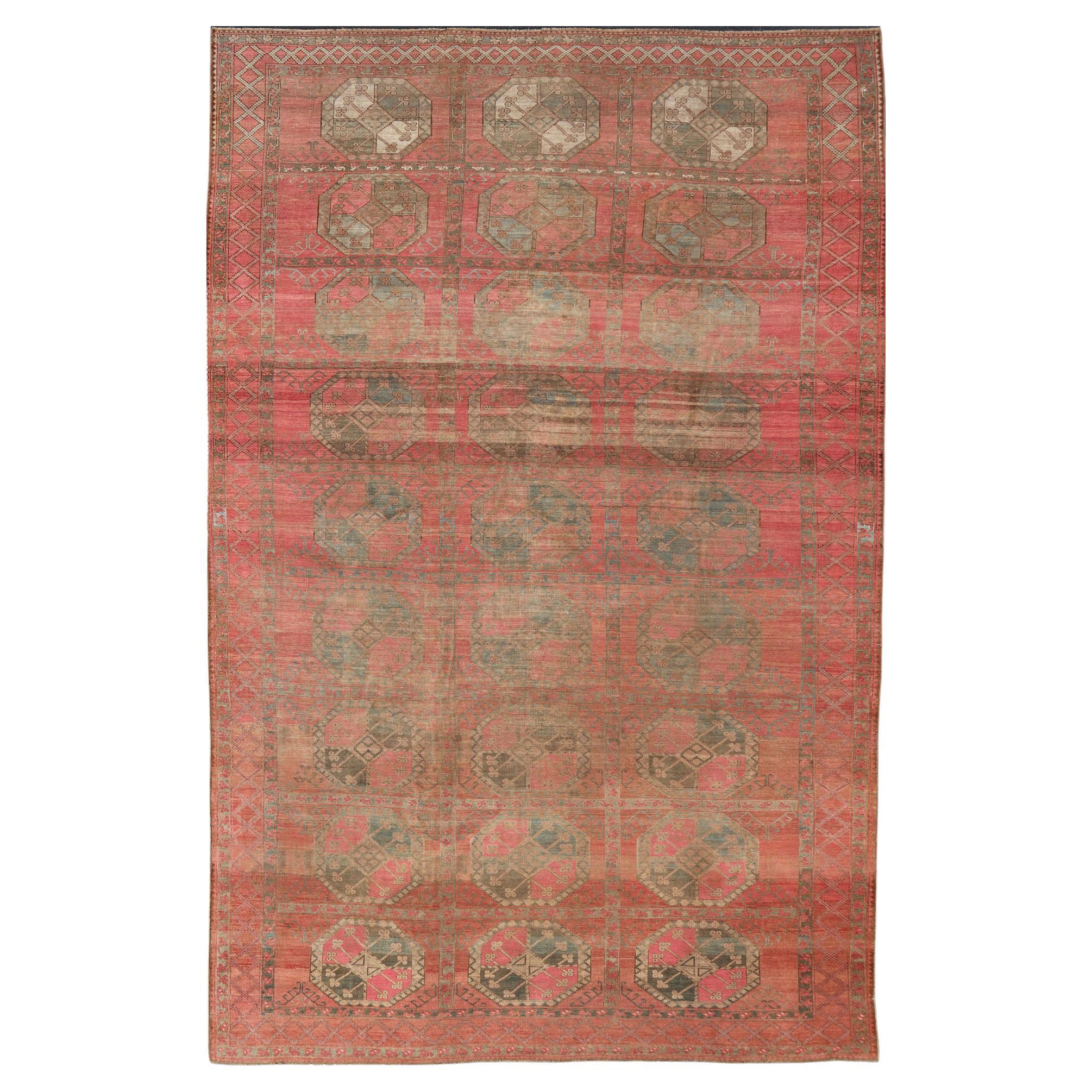 Large Turkomen Ersari Rug with All-Over Gul Design in Tan, Coral, and Brown