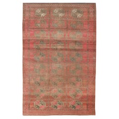 Antique Large Turkomen Ersari Rug with All-Over Gul Design in Tan, Coral, and Brown
