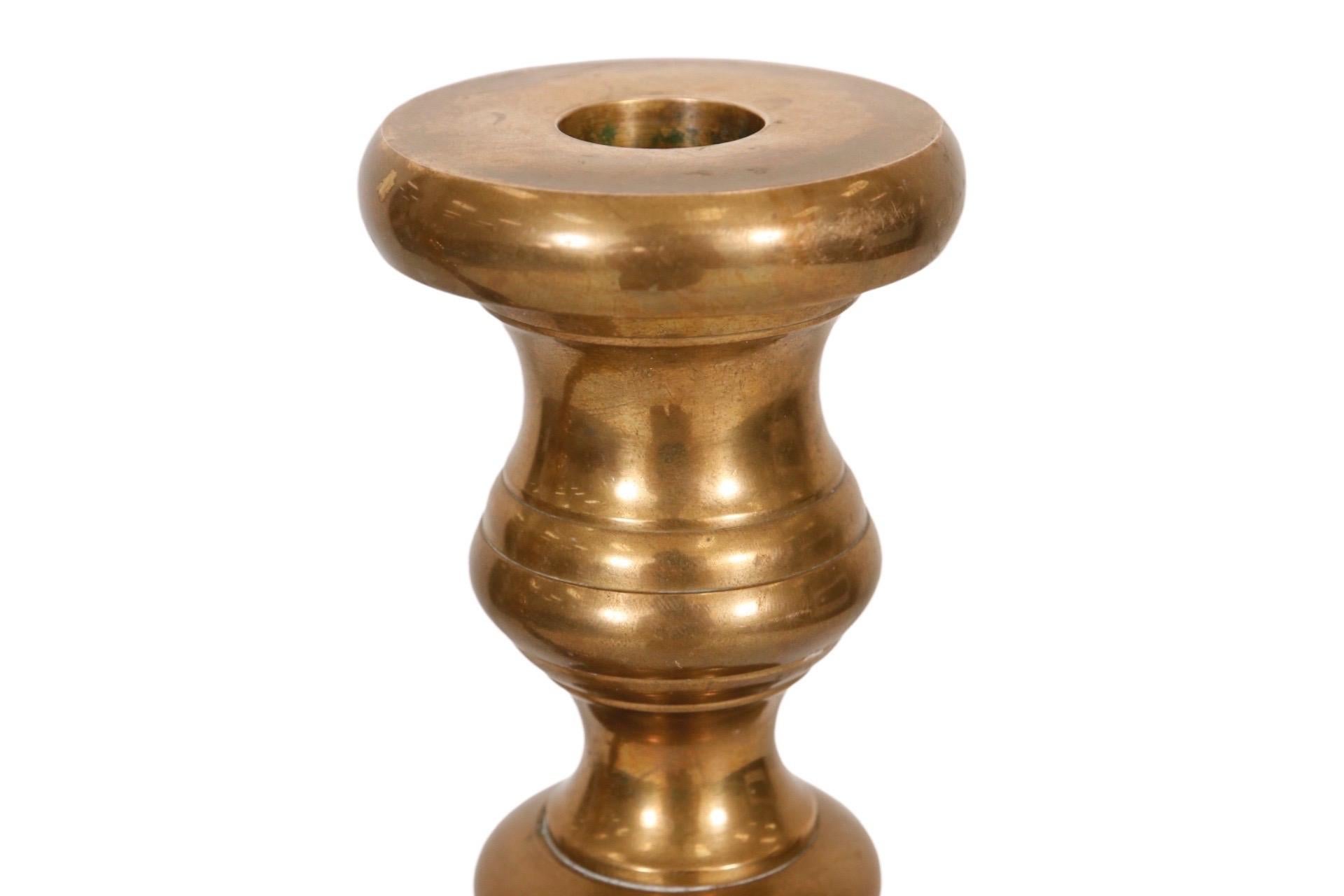 Large Turned Brass Candlesticks, a Pair In Good Condition For Sale In Bradenton, FL