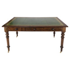 Large Turned Legs Leather Top Library Table Partners Desk Brass Casters Mint