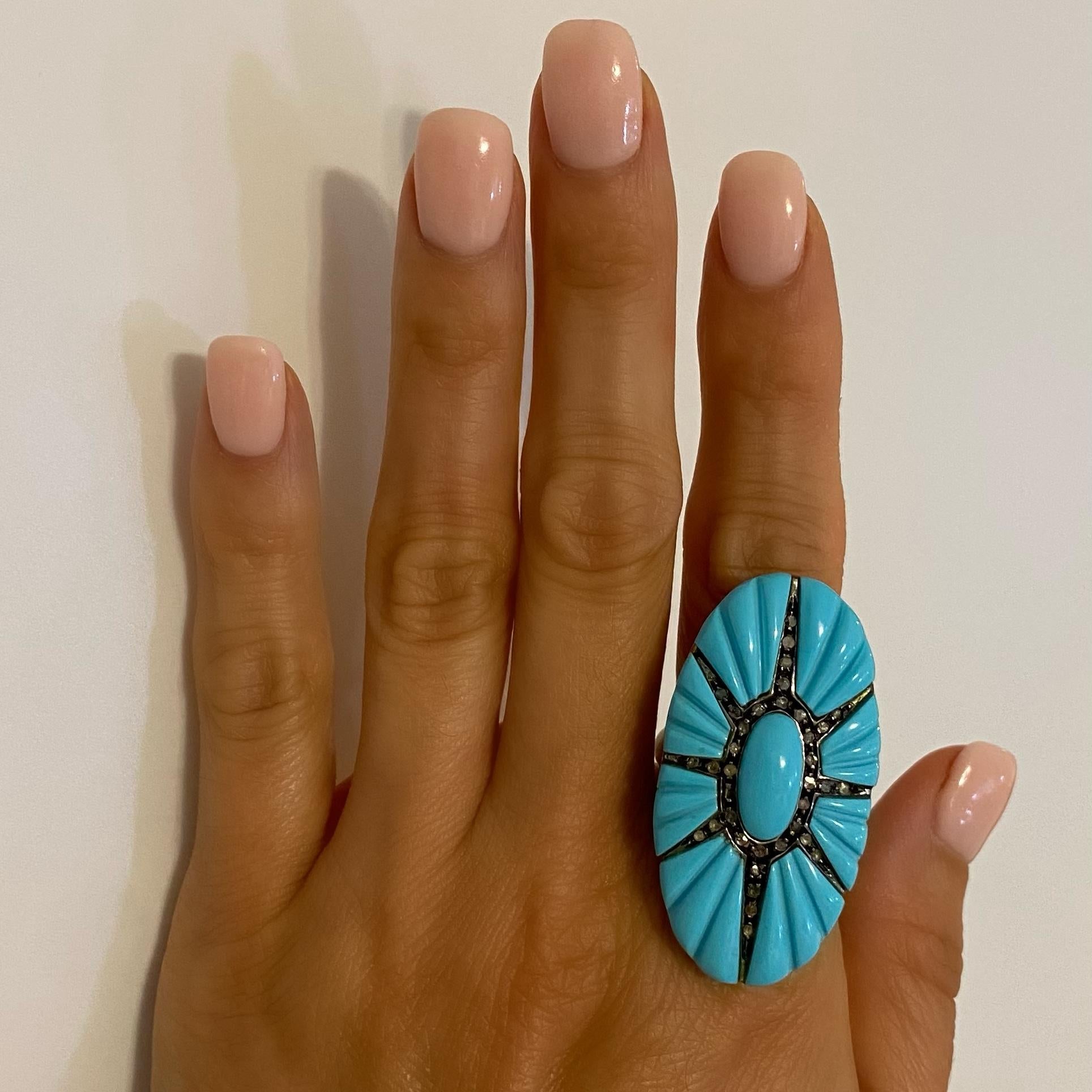 Modern Large Turquoise and Diamond Star Burst Cocktail Ring Estate Fine Jewelry
