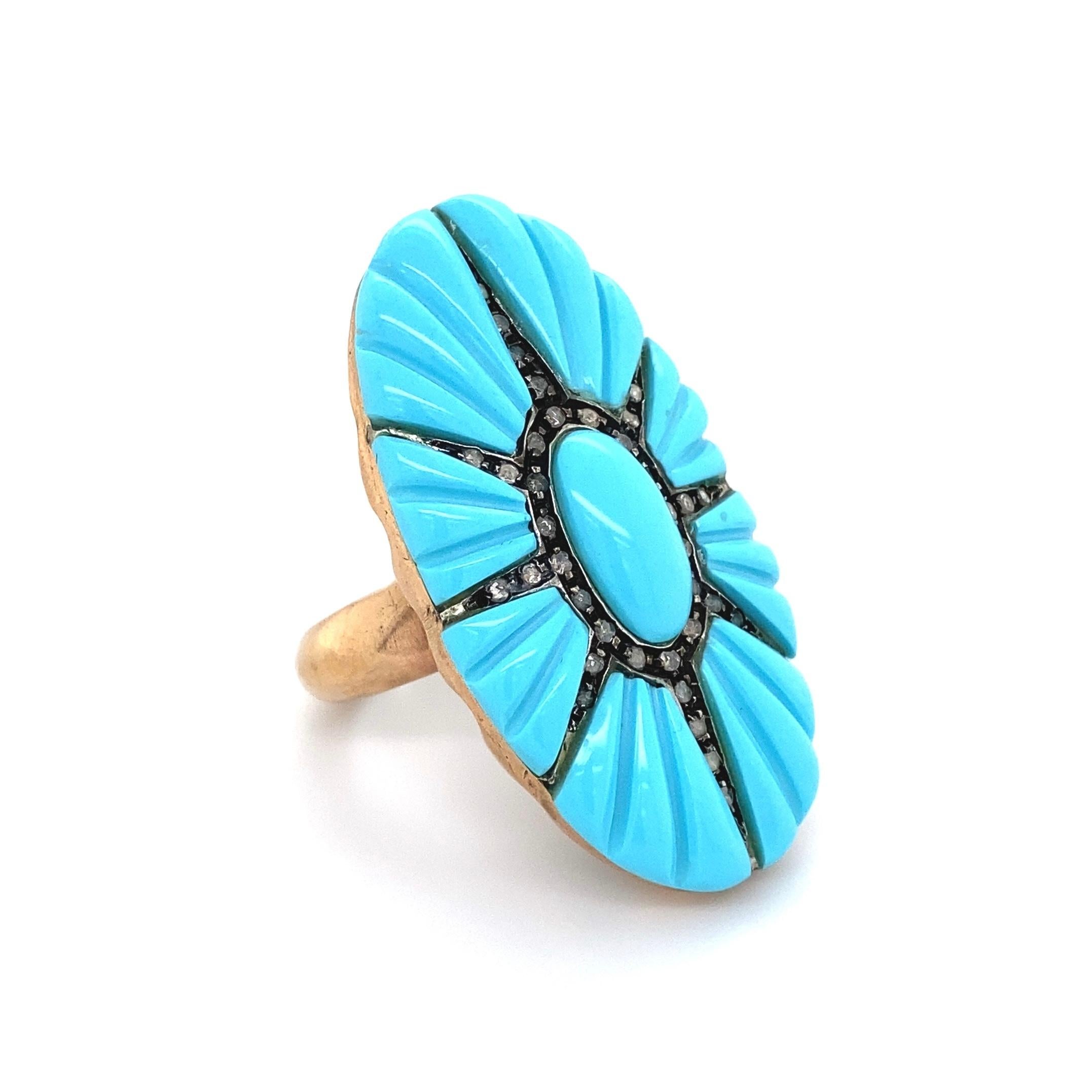 Mixed Cut Large Turquoise and Diamond Star Burst Cocktail Ring Estate Fine Jewelry