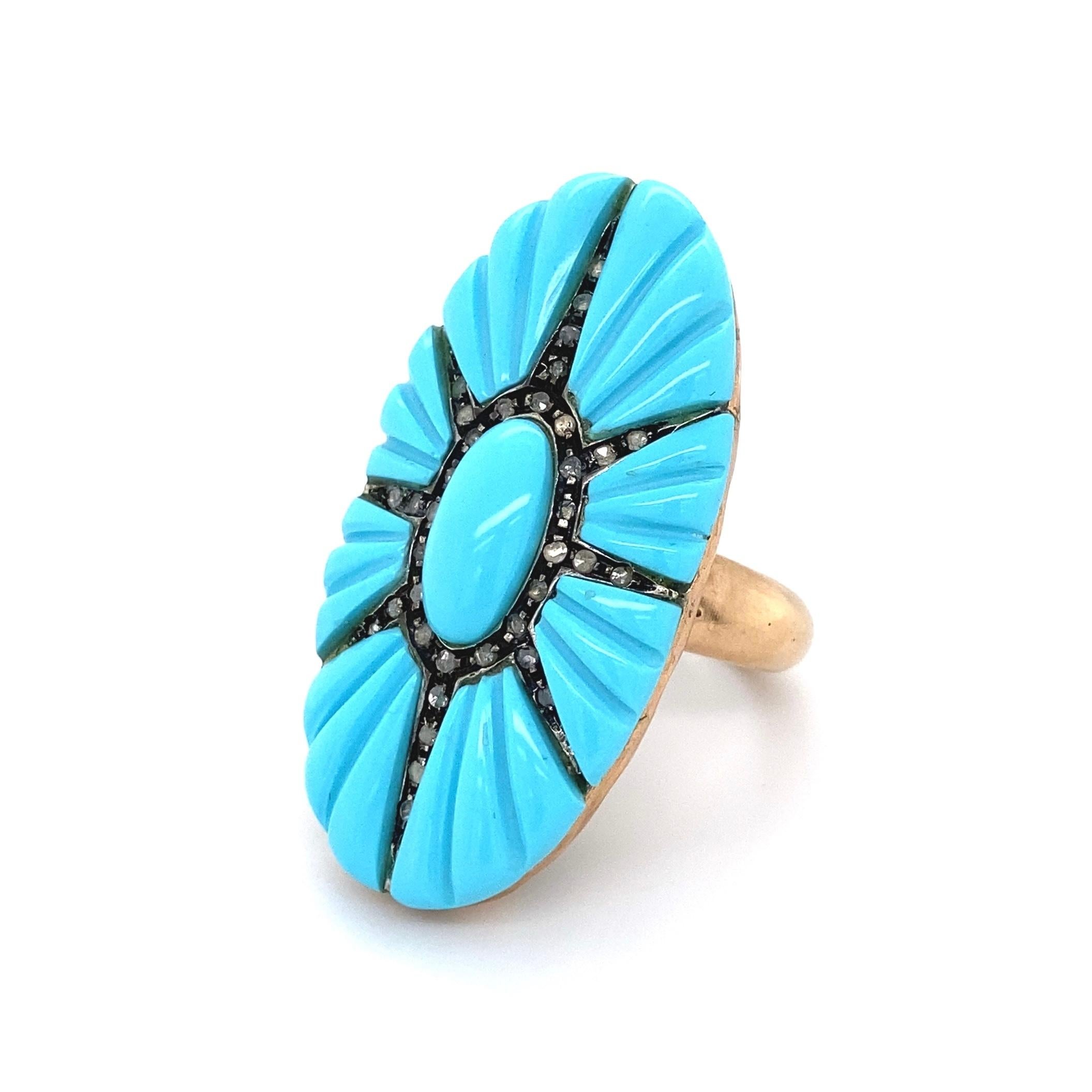 Large Turquoise and Diamond Star Burst Cocktail Ring Estate Fine Jewelry In Excellent Condition In Montreal, QC