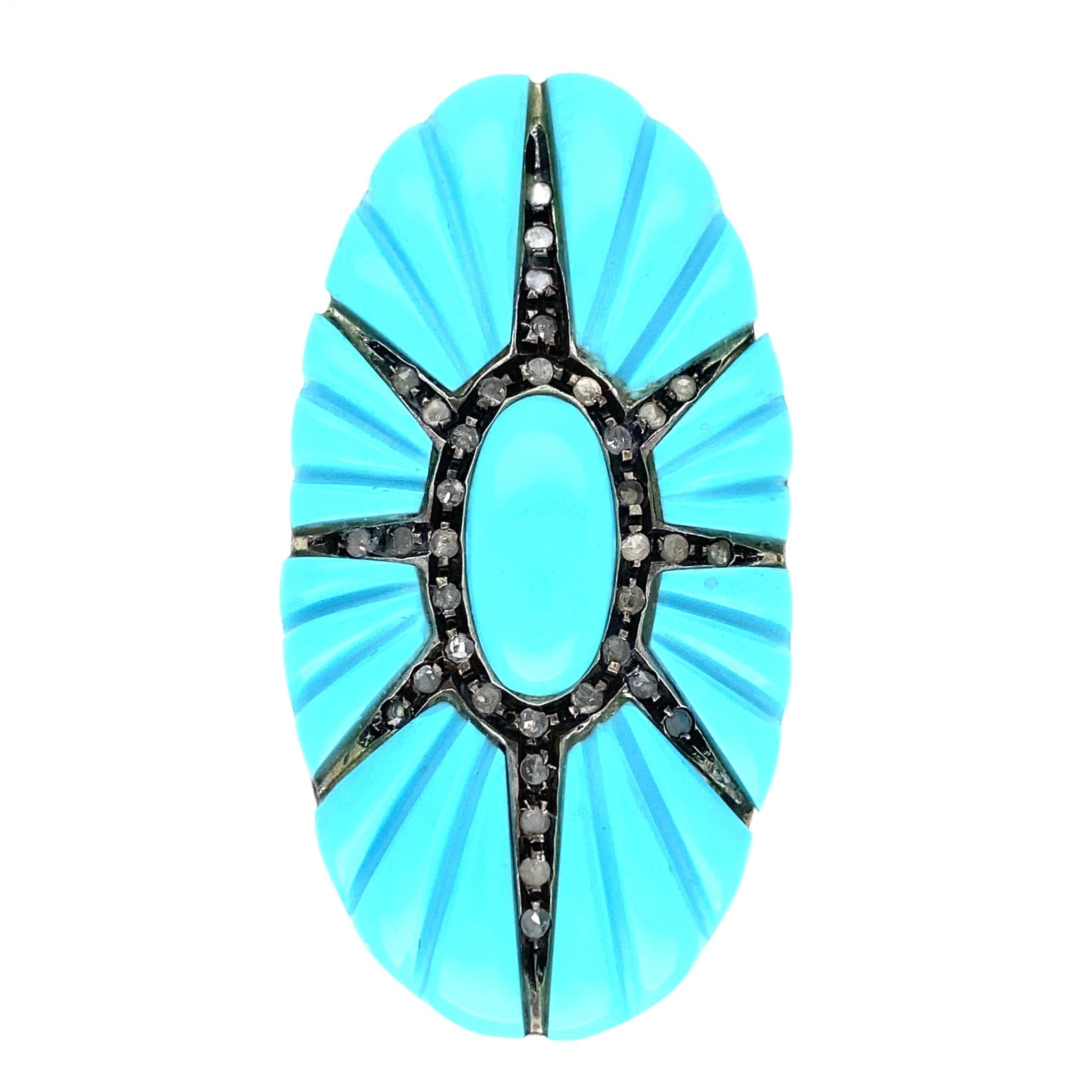 Large Turquoise and Diamond Star Burst Cocktail Ring Estate Fine Jewelry 2