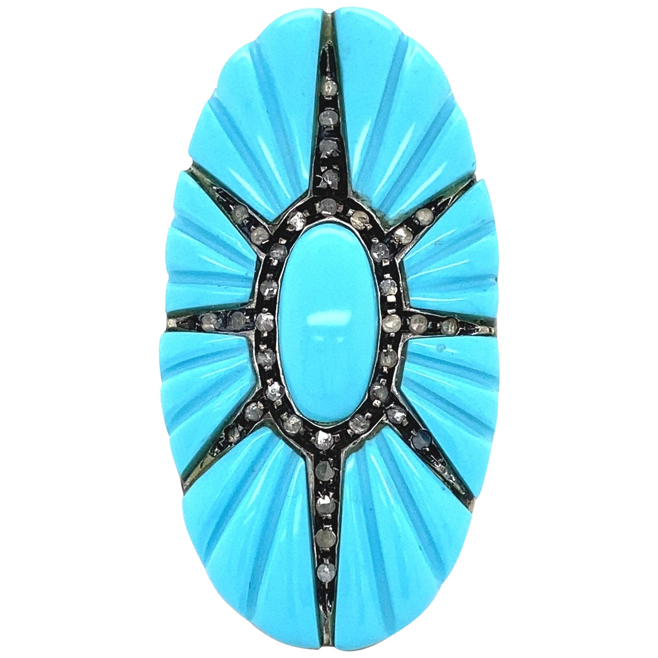Large Turquoise and Diamond Star Burst Cocktail Ring Estate Fine Jewelry