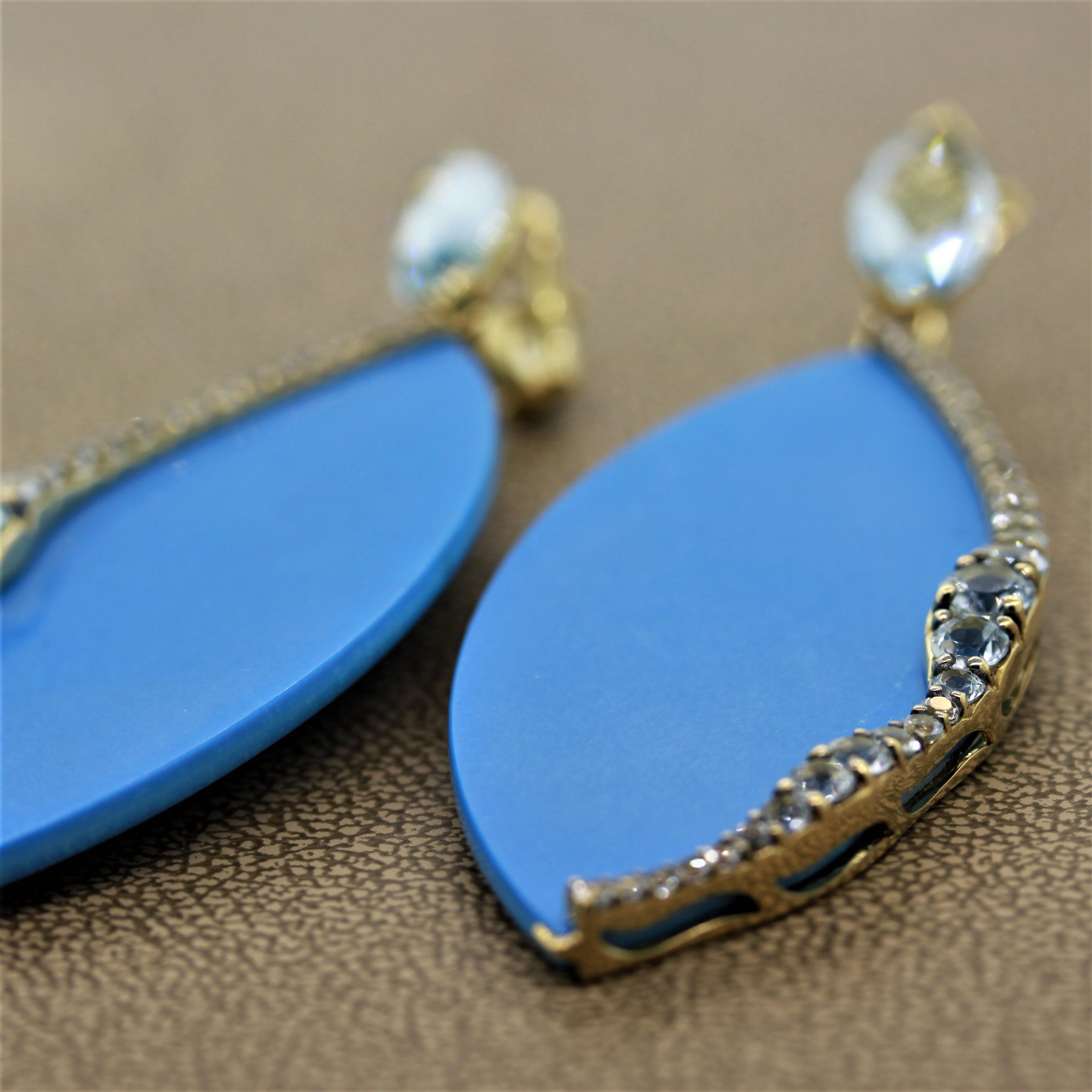 Large Turquoise Aquamarine “Ocean” Gold Drop Earrings In New Condition For Sale In Beverly Hills, CA